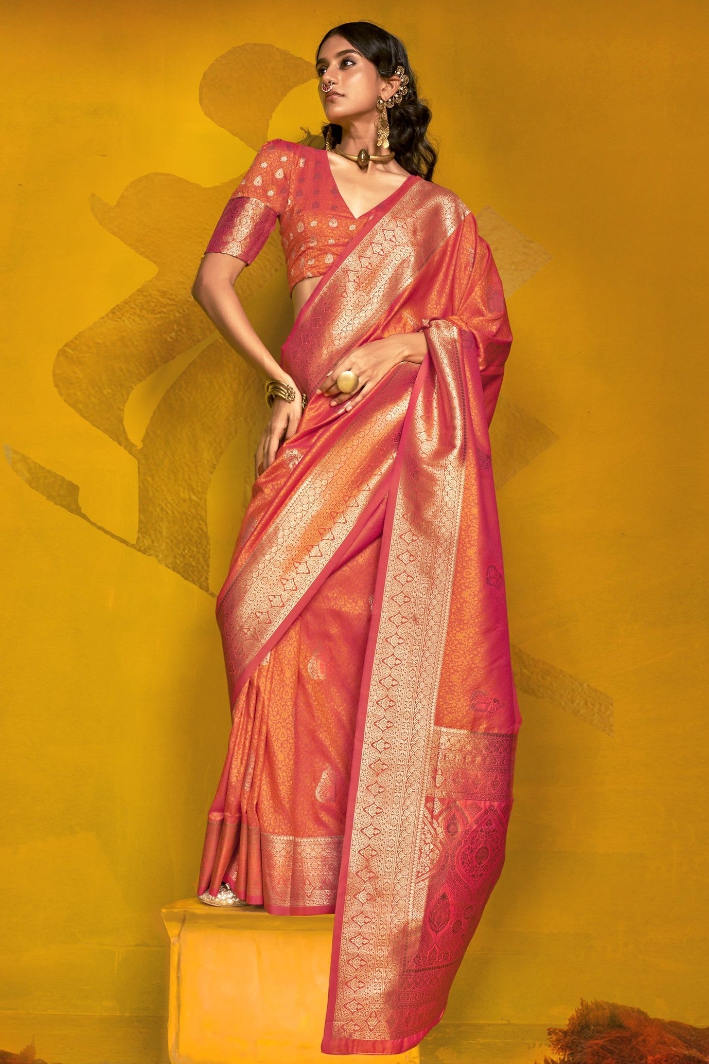 Sedona orange Banarasi handloom silk saree with zari brocade border