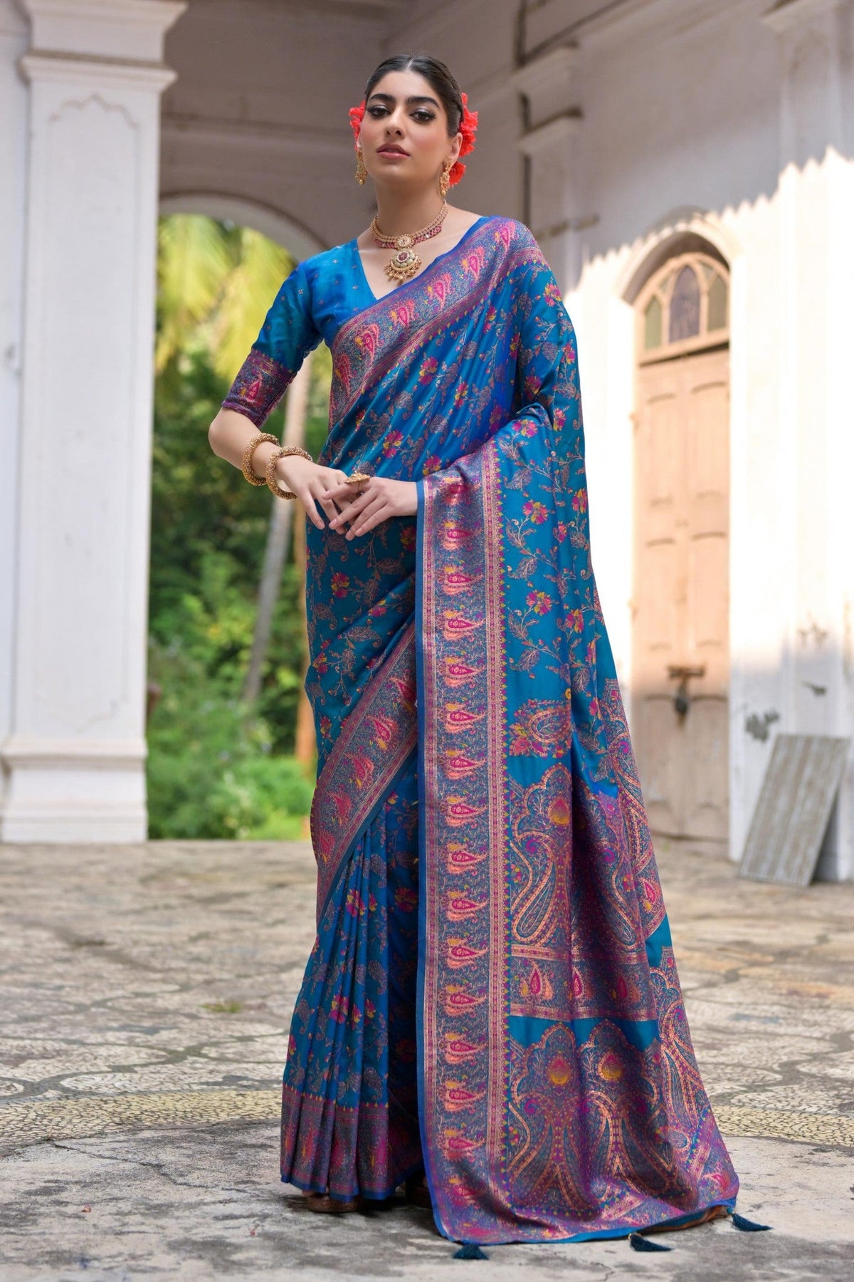 Blue Chill woven pashmina silk saree draped to show the soft matte fall of the weave
