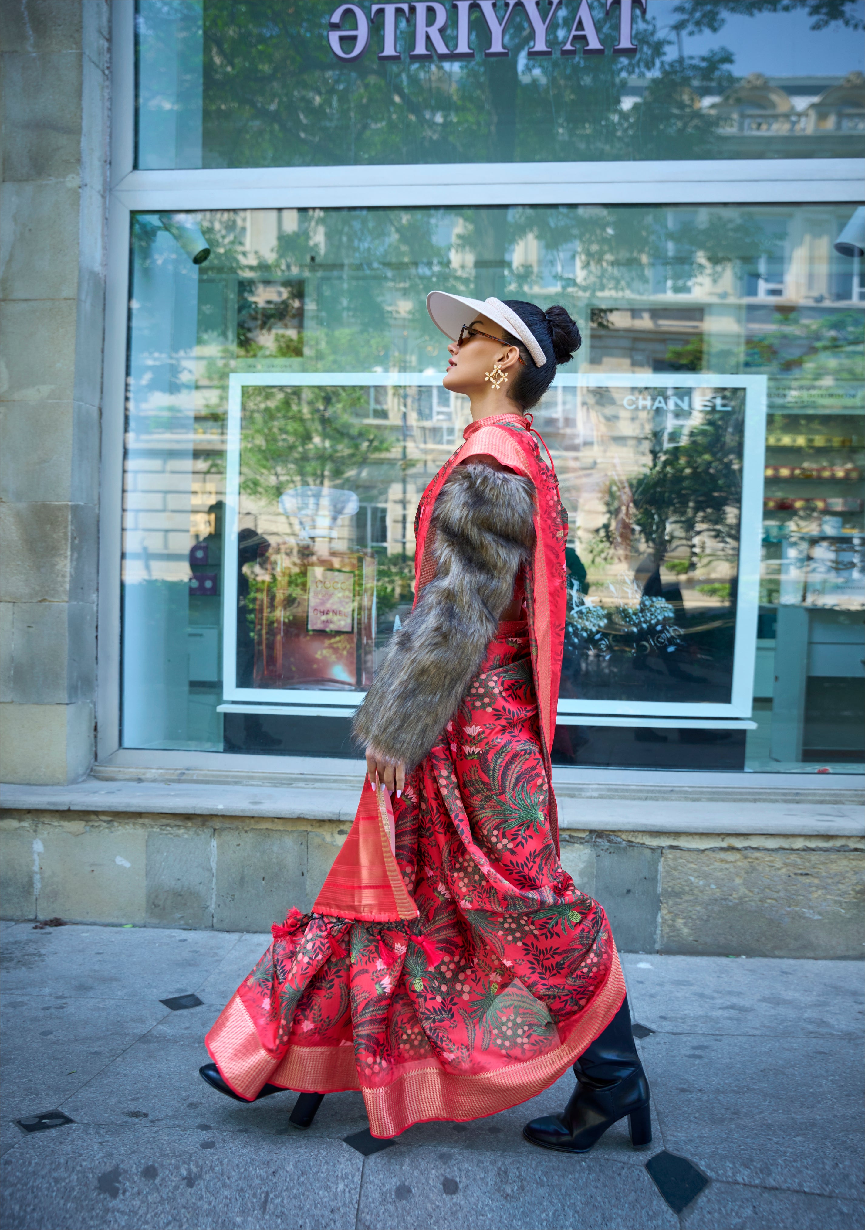 Buy MySilkLove Brick Red Organza Printed Satin Silk Saree Online