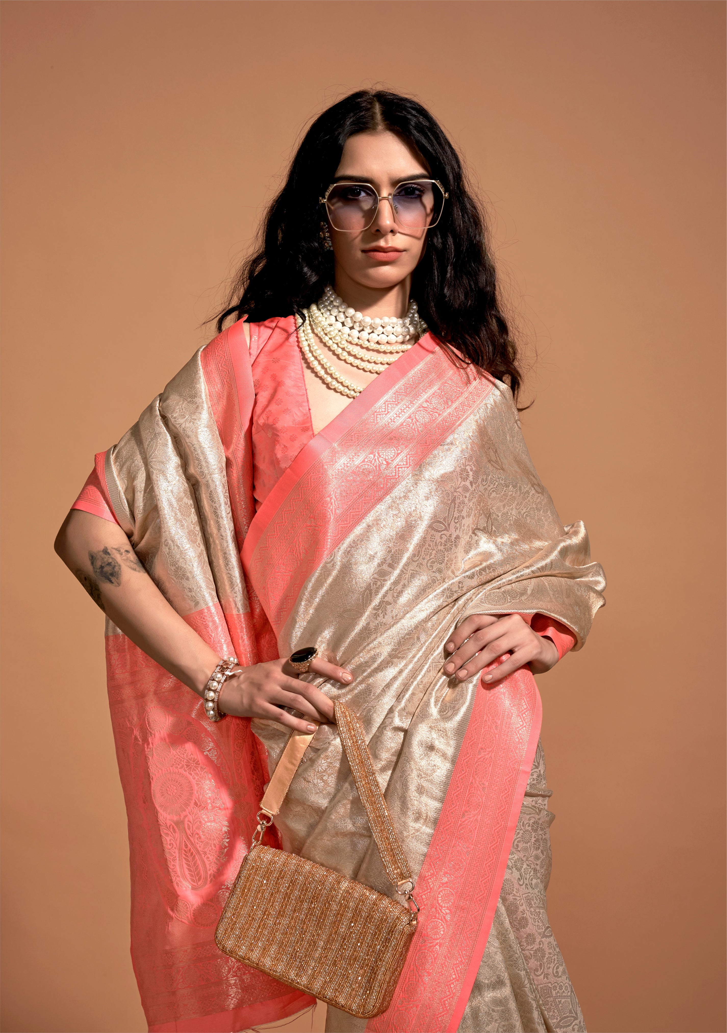 MySilkLove Old Lace Pink and Cream Woven Kanjivaram Silk Saree