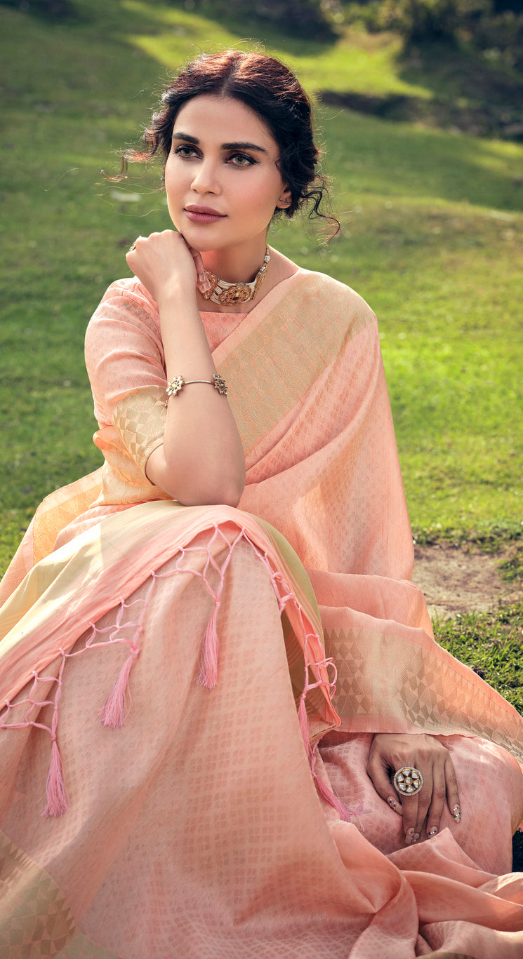 Buy MySilkLove Shiny Peach Linen Tissue Saree Online