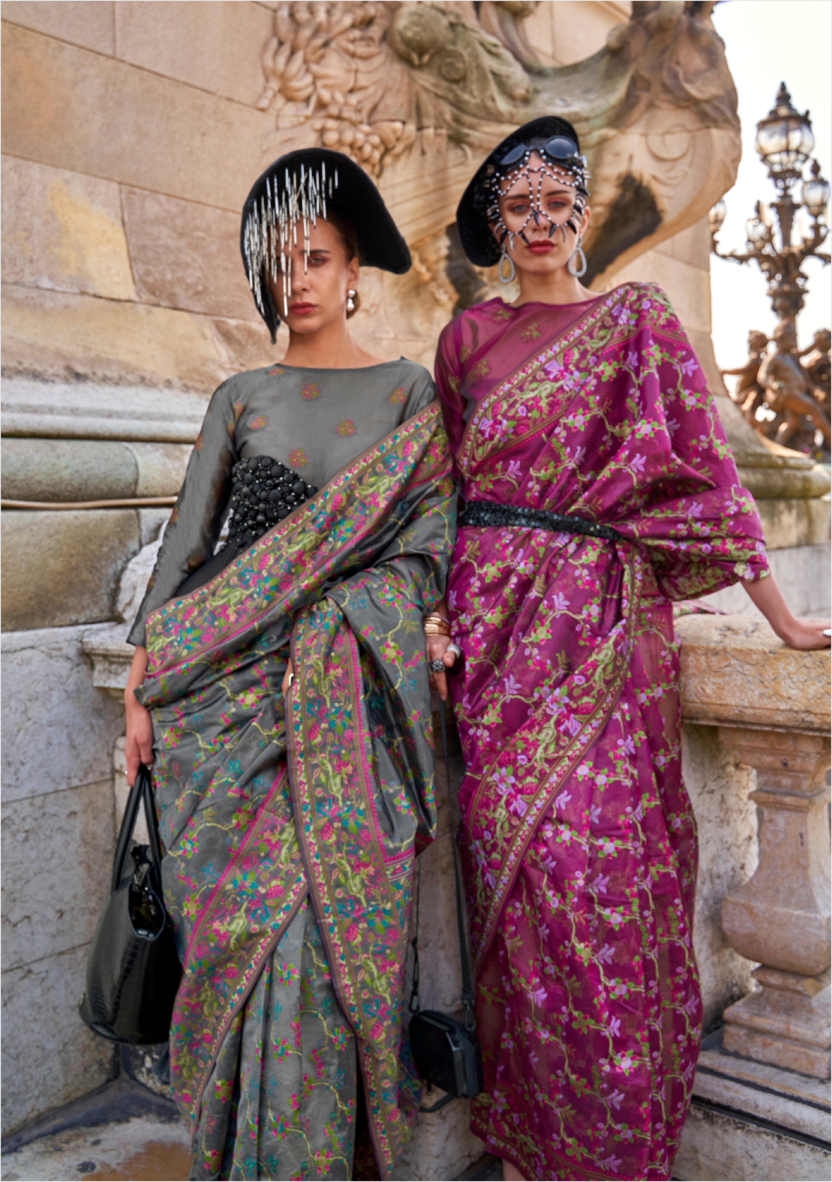 Buy MySilkLove Smoke Grey Organza Handloom Parsi Saree Online