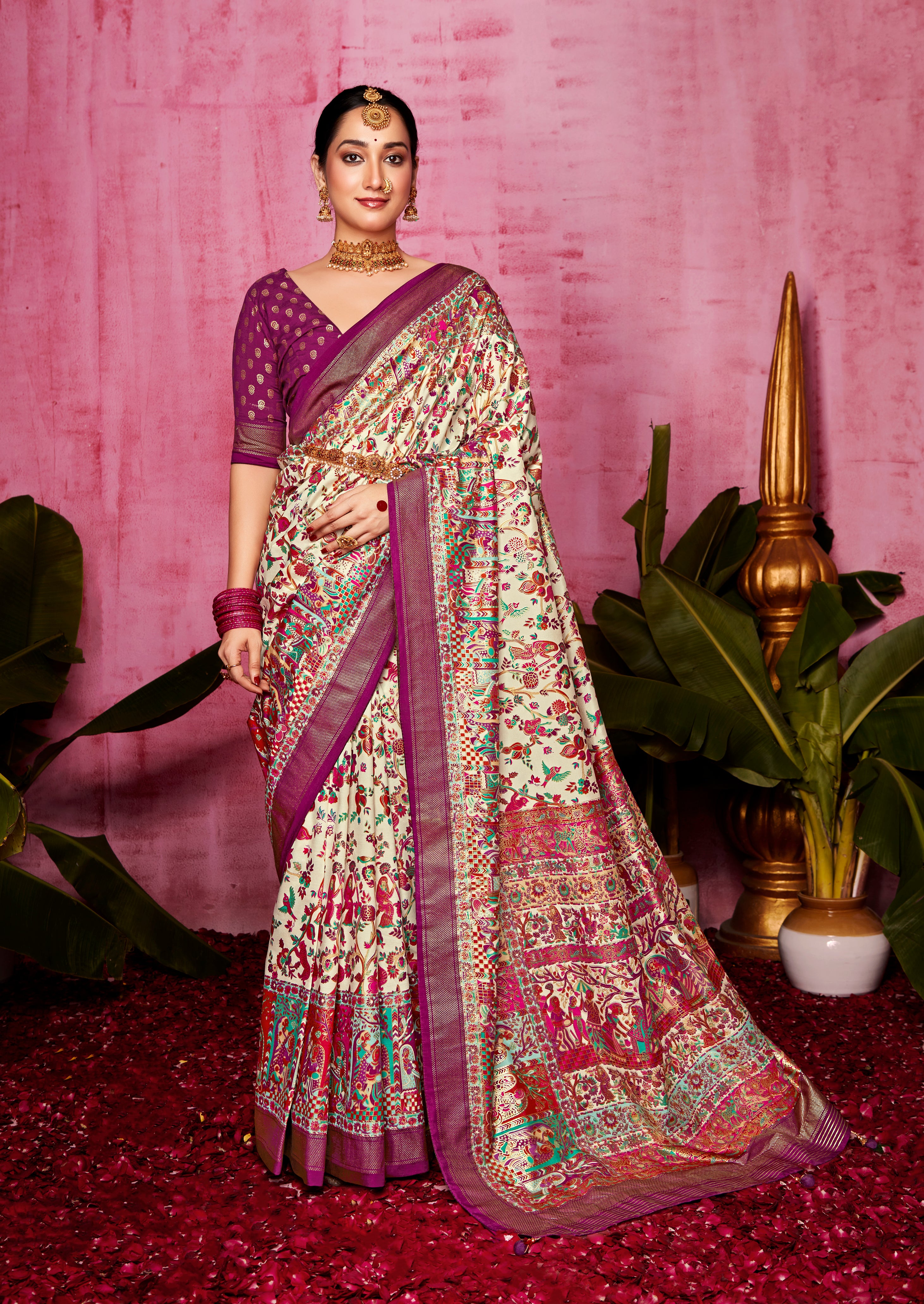 Buy MySilkLove Disco Purple and Cream Patola Soft Silk Saree Online