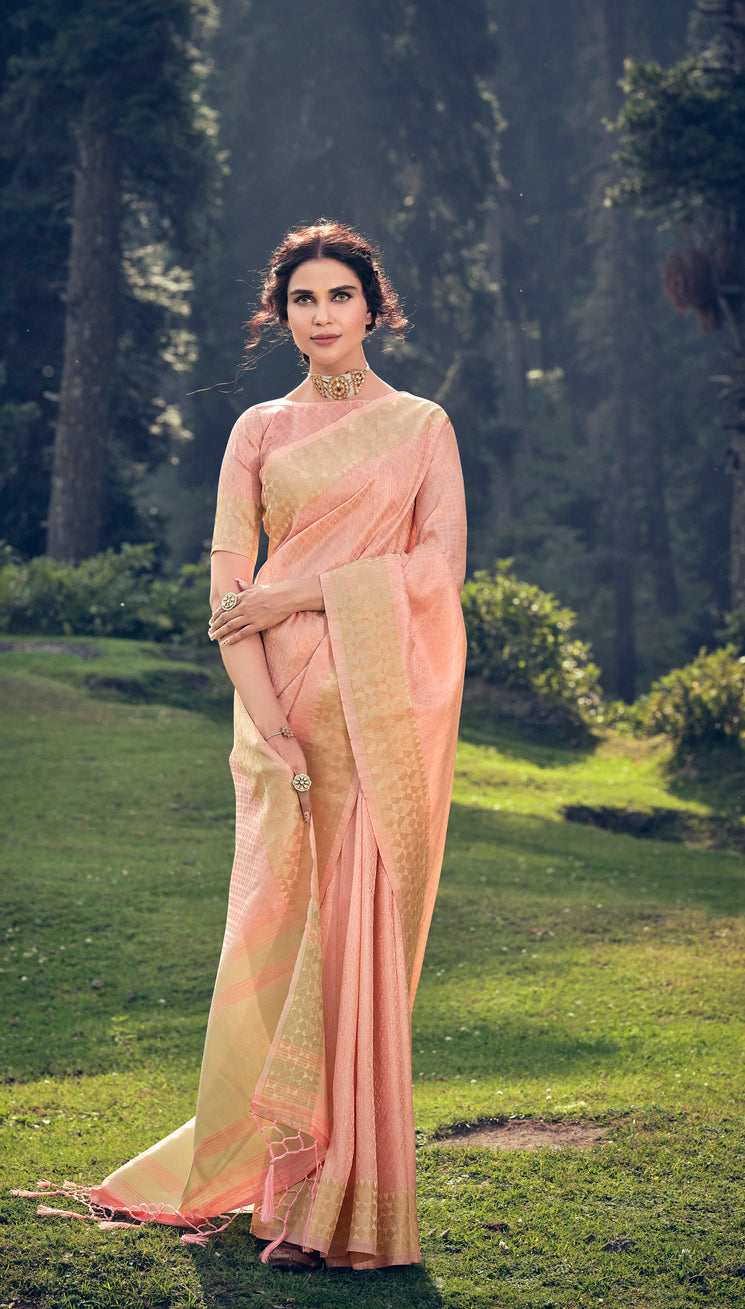 Buy MySilkLove Shiny Peach Linen Tissue Saree Online