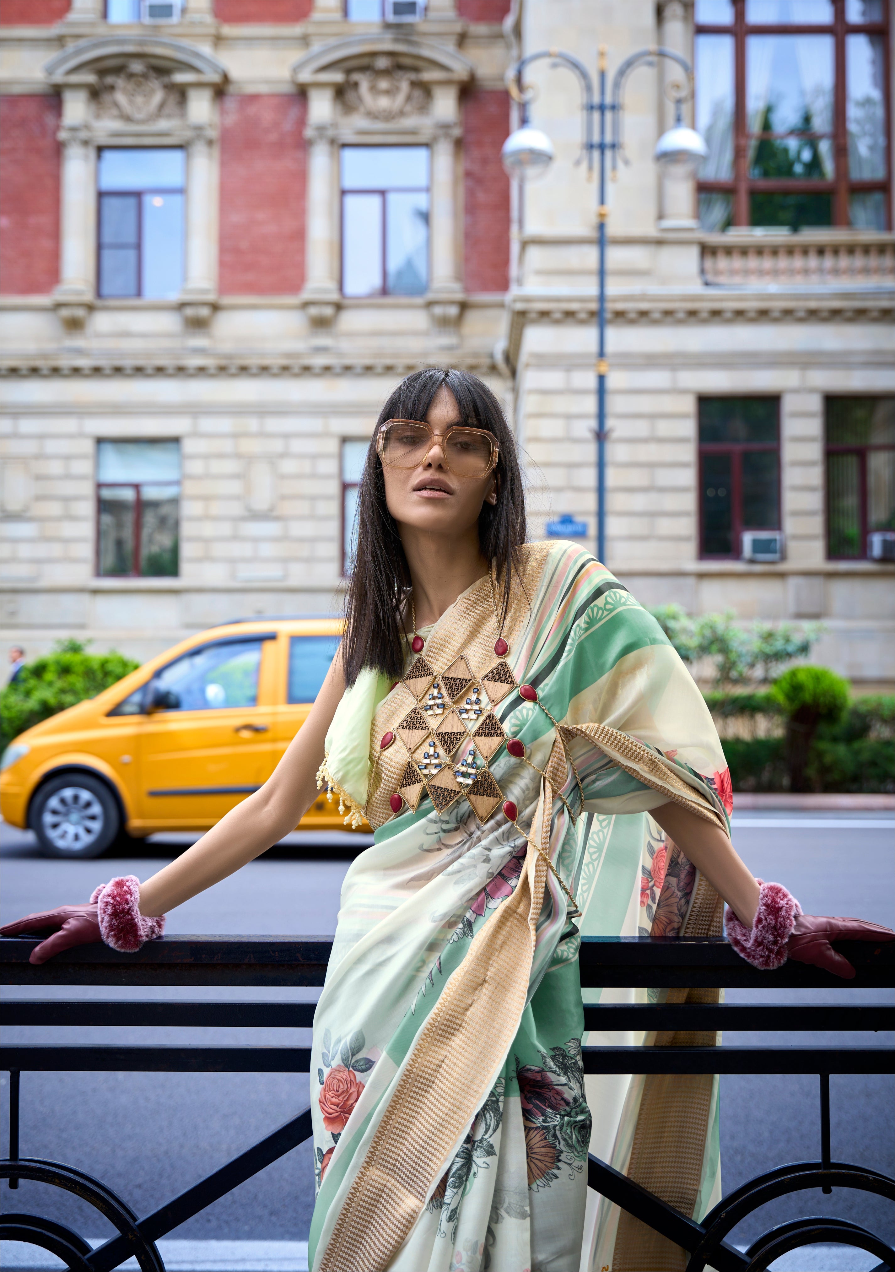Buy MySilkLove Sidecar Cream and Green Organza Printed Satin Silk Saree Online