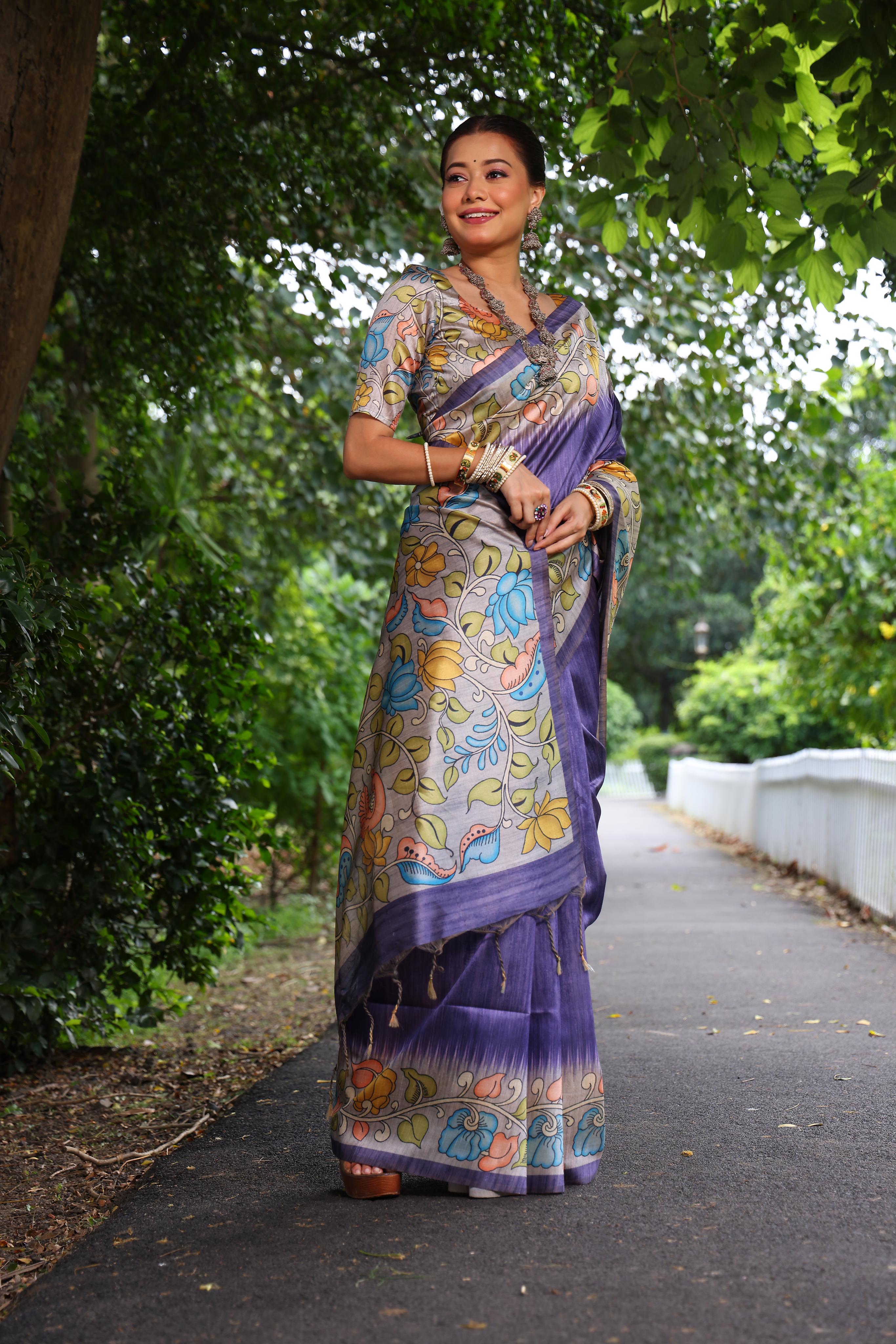 Buy MySilkLove Borage Blue Floral Printed Cotton Saree Online
