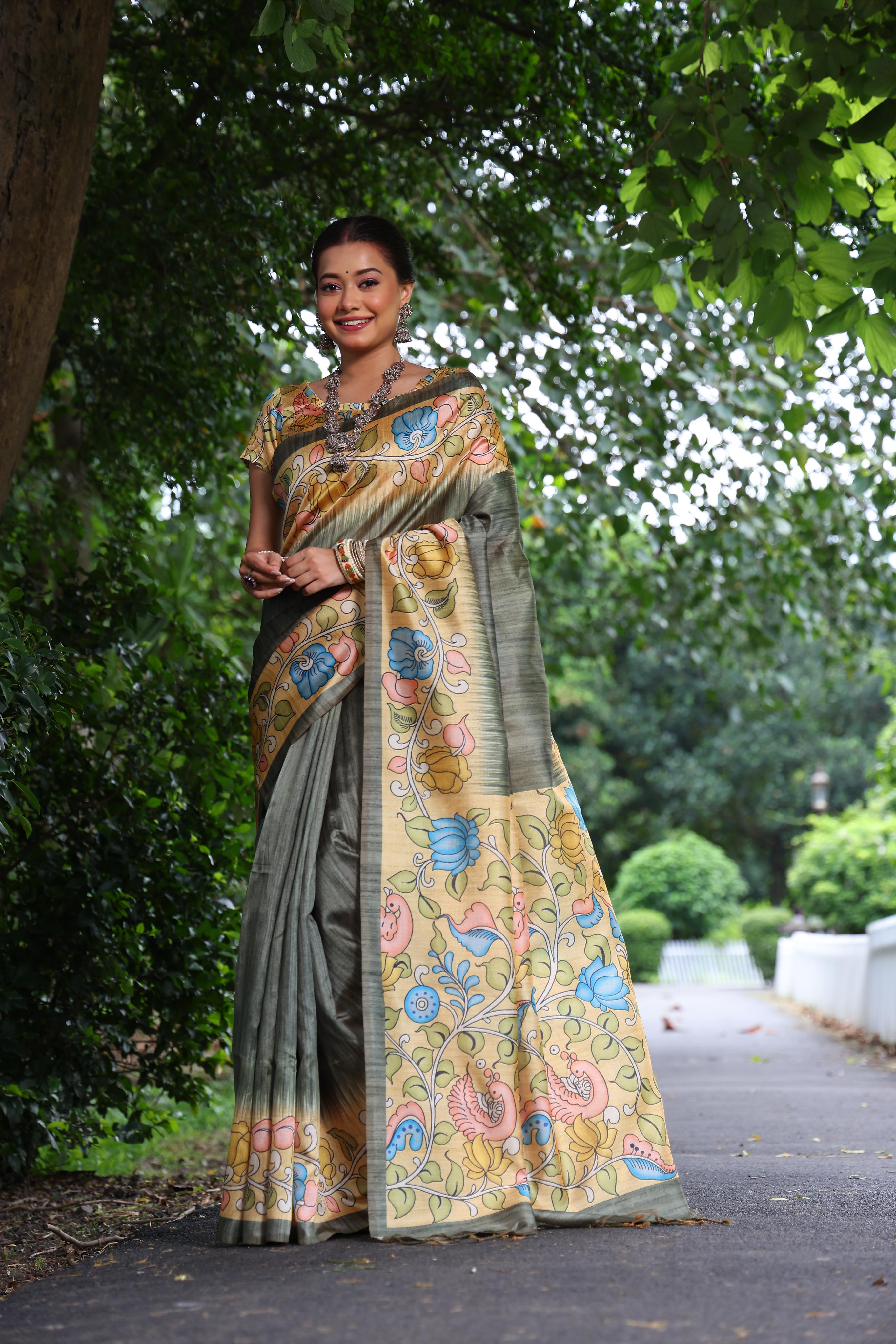 Buy MySilkLove Dianthus Green Floral Printed Cotton Saree Online