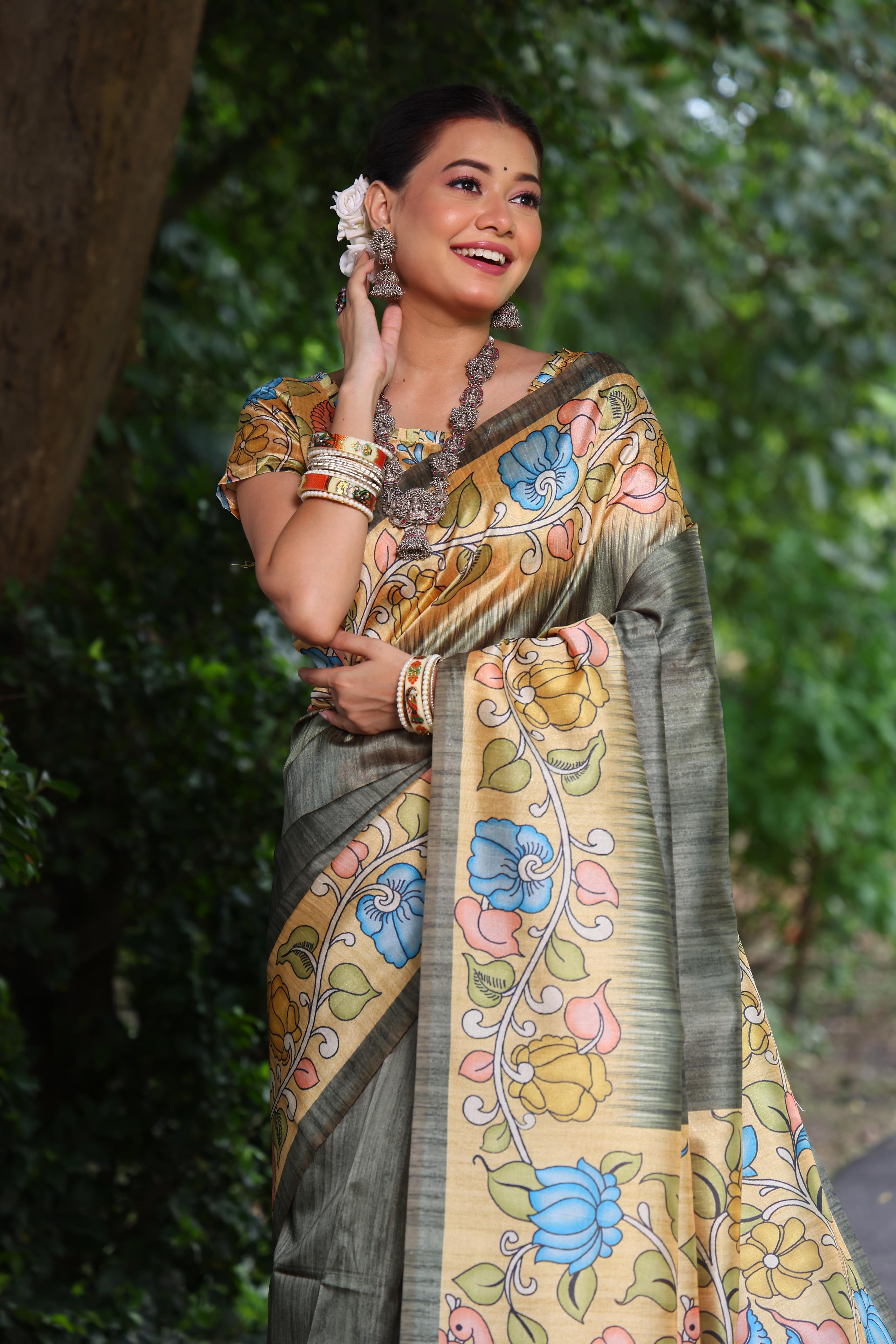 Buy MySilkLove Dianthus Green Floral Printed Cotton Saree Online