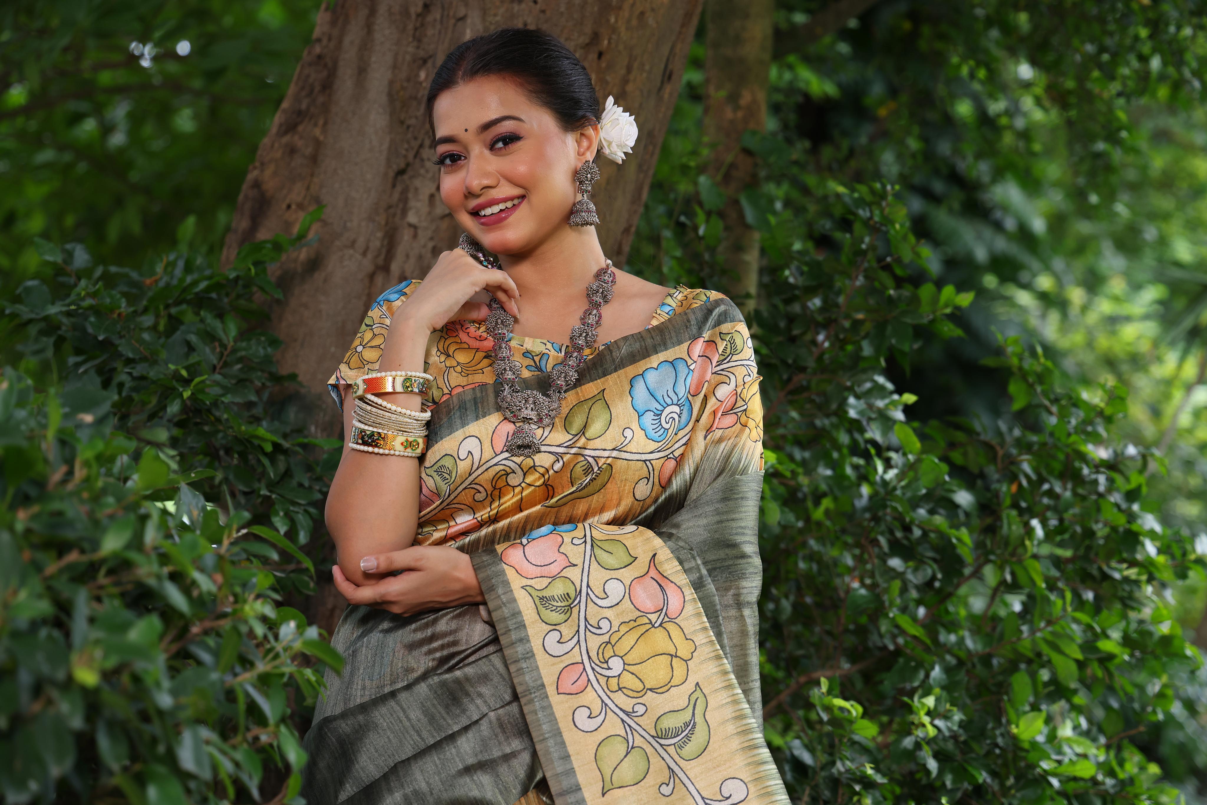 Buy MySilkLove Dianthus Green Floral Printed Cotton Saree Online
