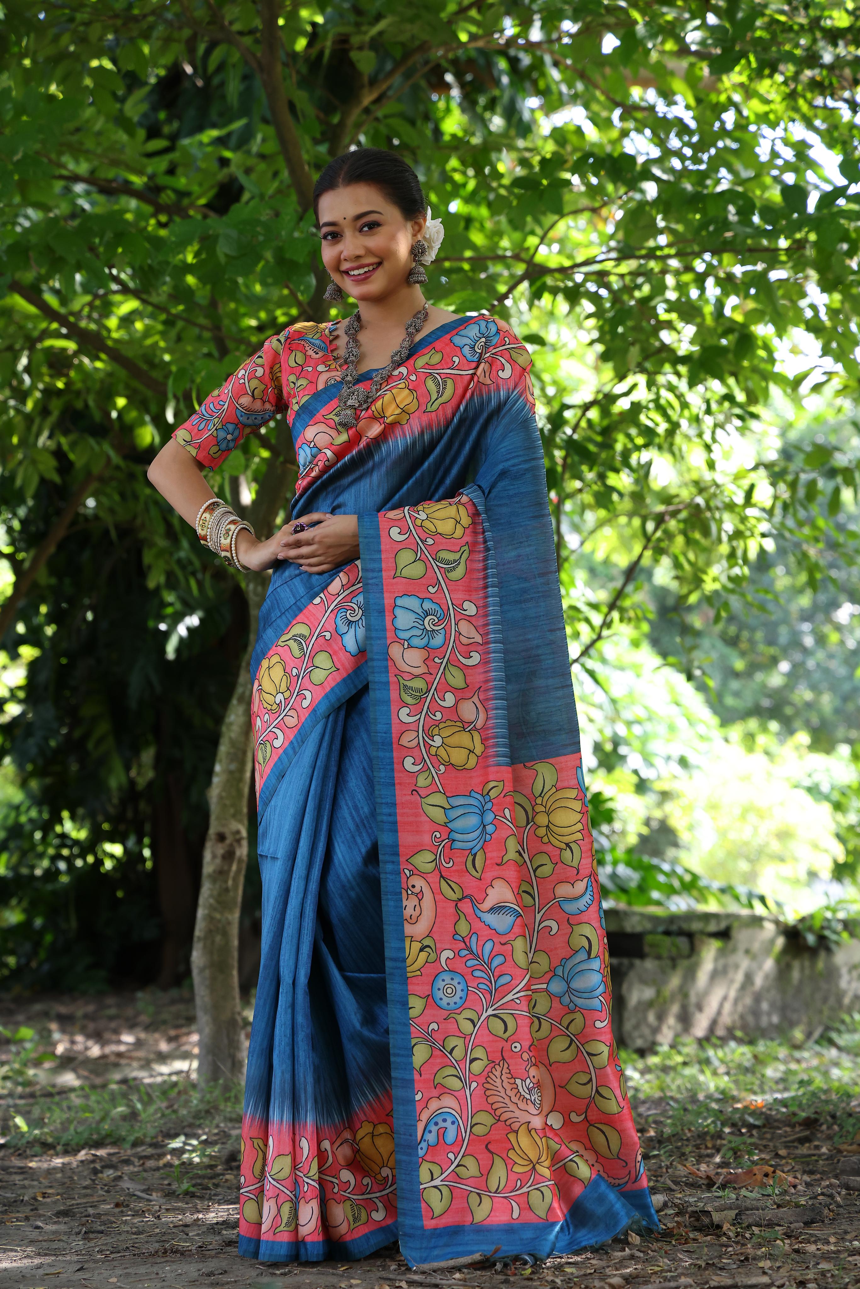 Buy MySilkLove Clematis Blue Floral Printed Cotton Saree Online