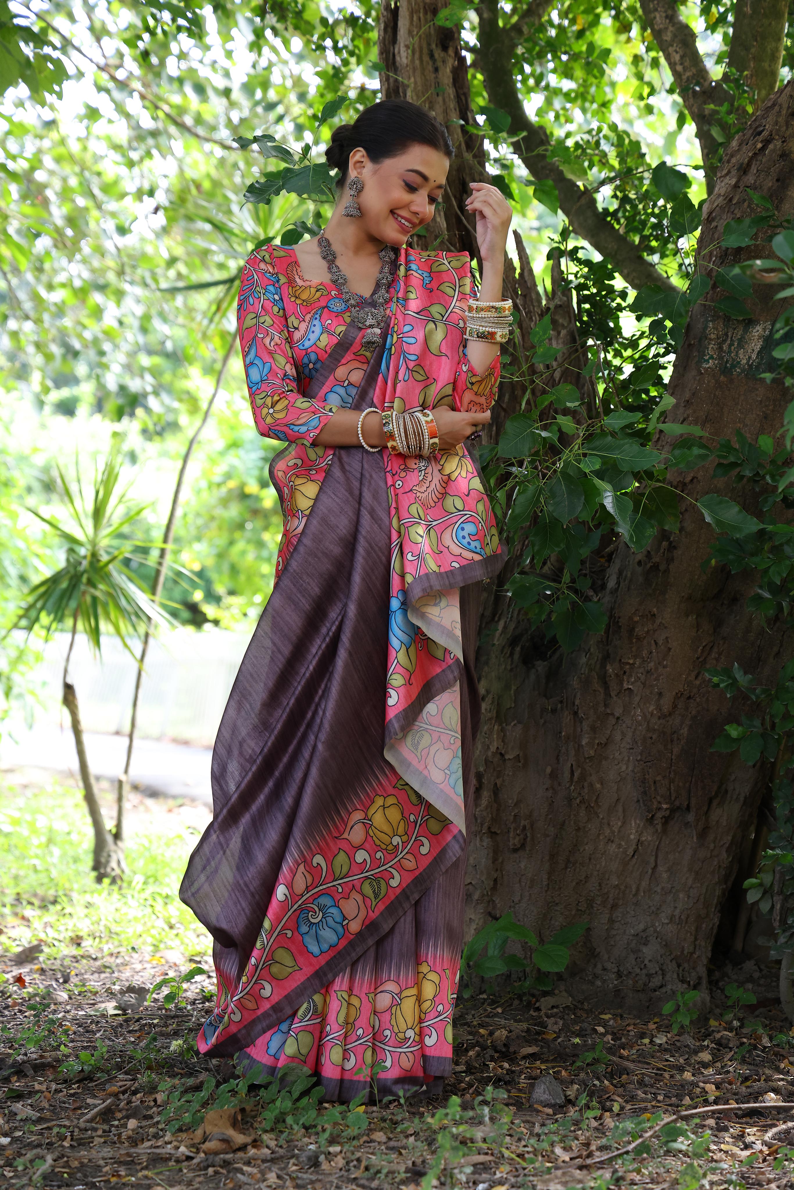 Buy MySilkLove Columbines Brown Floral Printed Cotton Saree Online