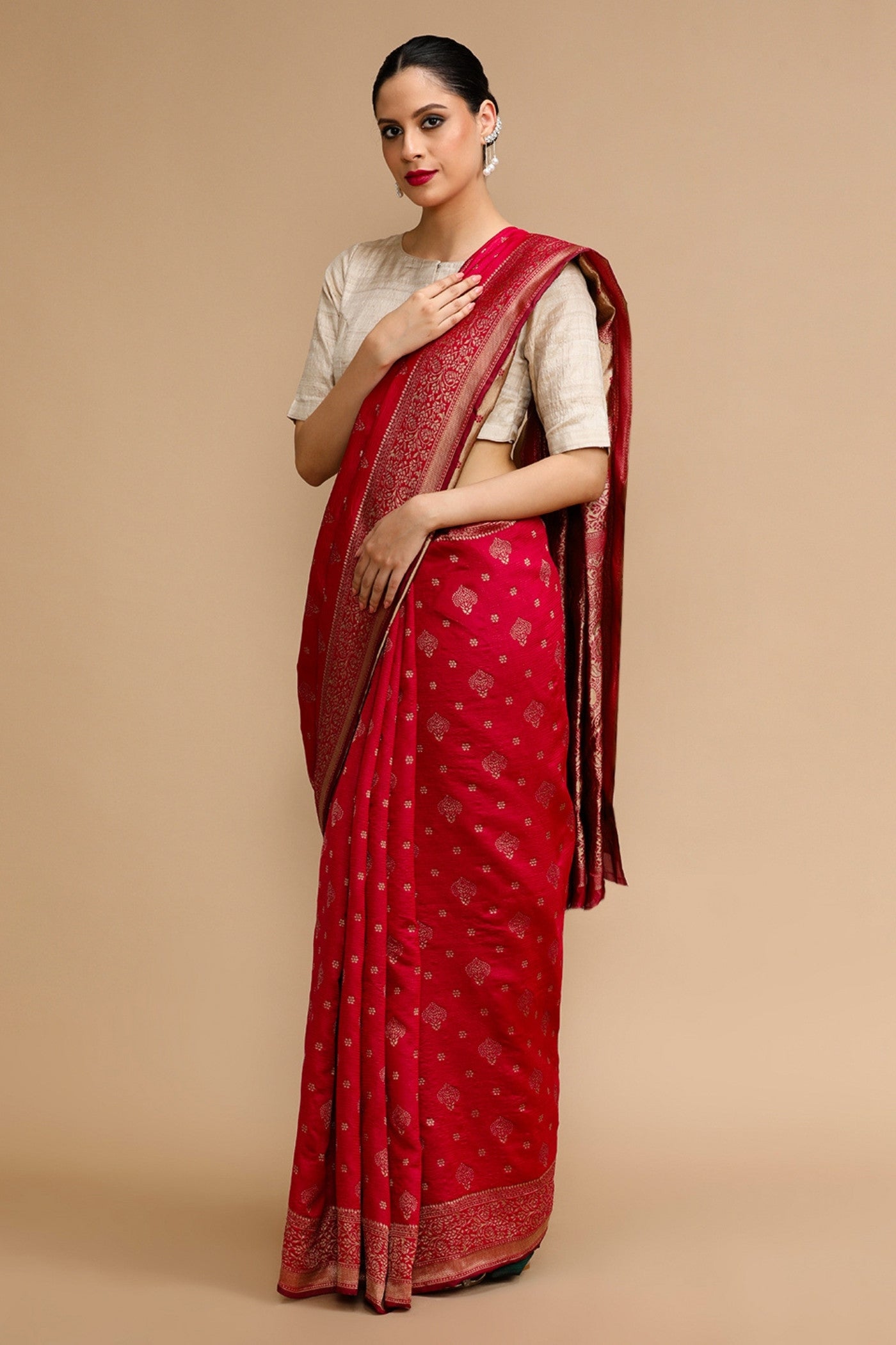 Buy MySilkLove Red Rose Woven Jacquard Lichi Silk Saree Online