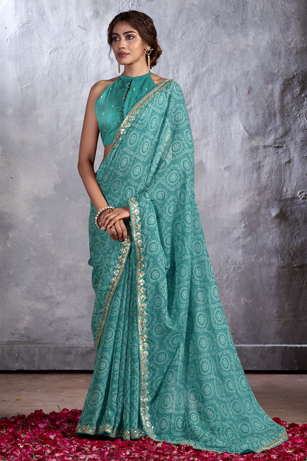 Buy Winter Blue Designer Georgette Bandhani Saree Online MySilkLove