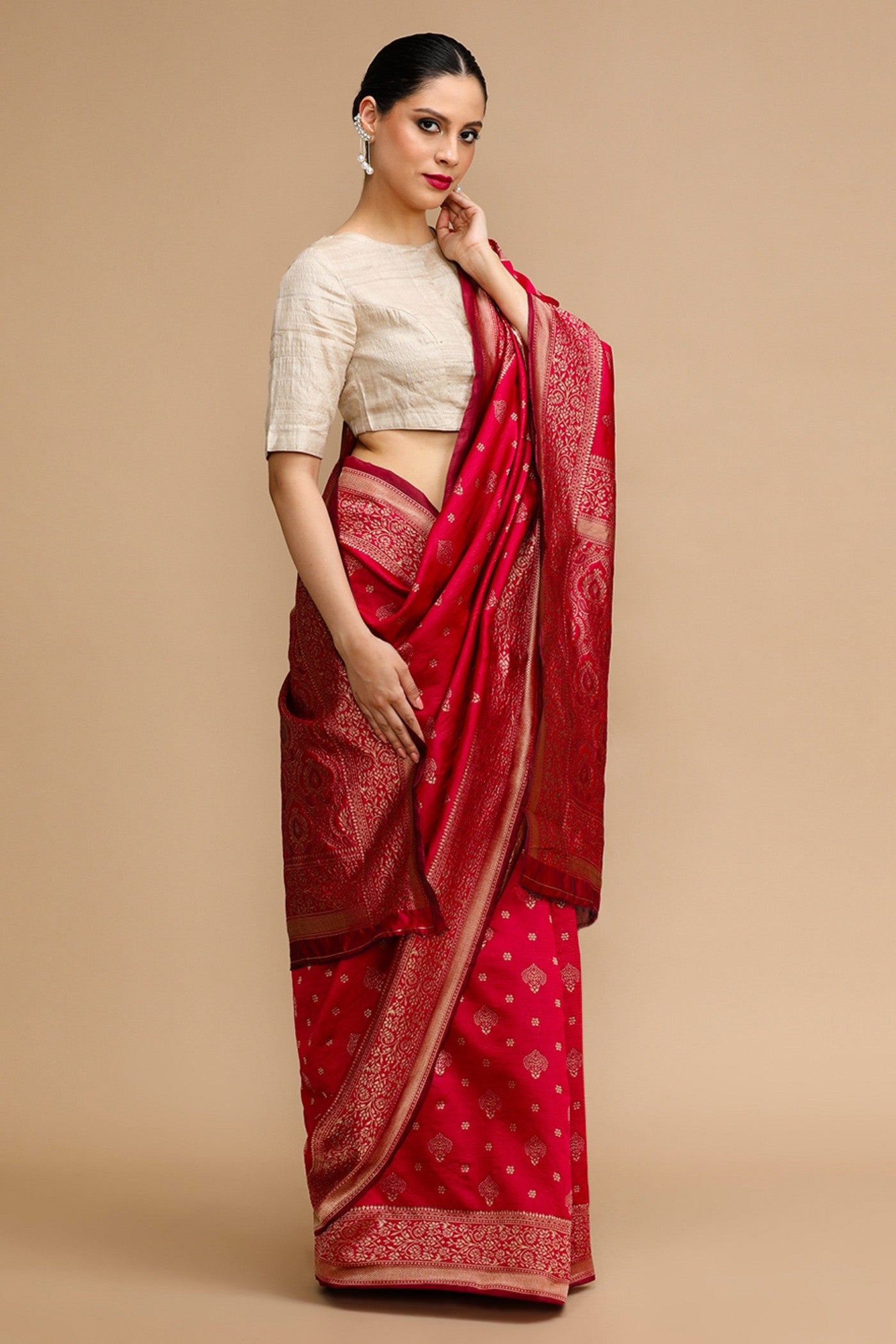 Buy MySilkLove Red Rose Woven Jacquard Lichi Silk Saree Online