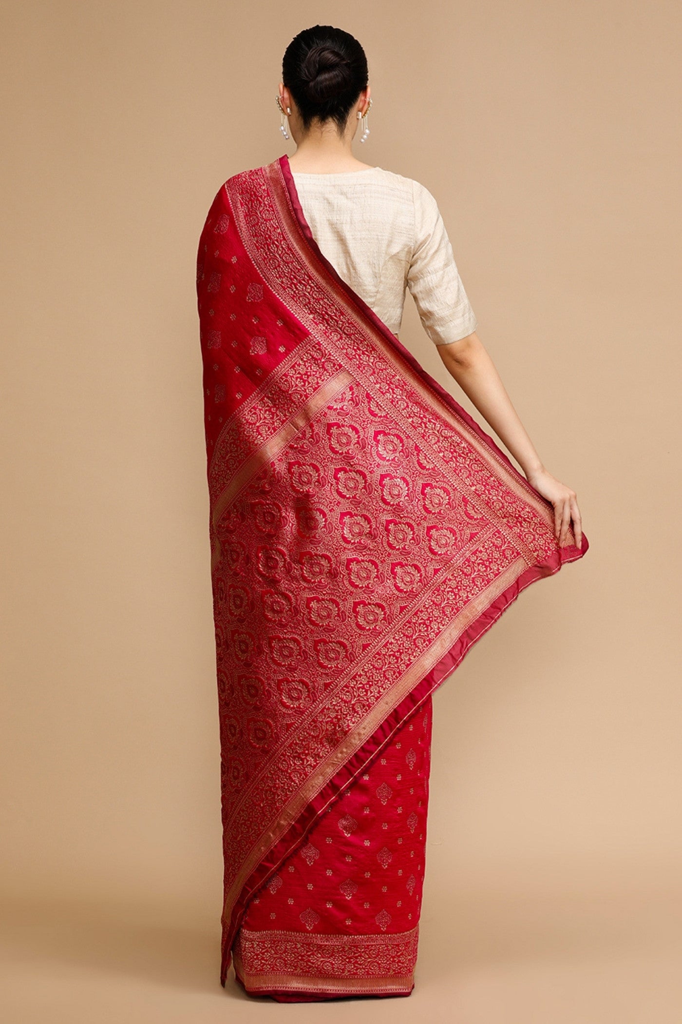Buy MySilkLove Red Rose Woven Jacquard Lichi Silk Saree Online
