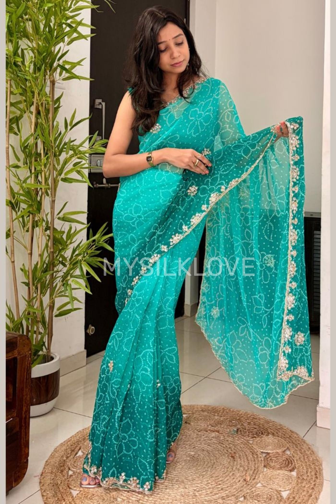 Buy MySilkLove Aqua Teal Georgette Chiffon Bead Work Saree Online