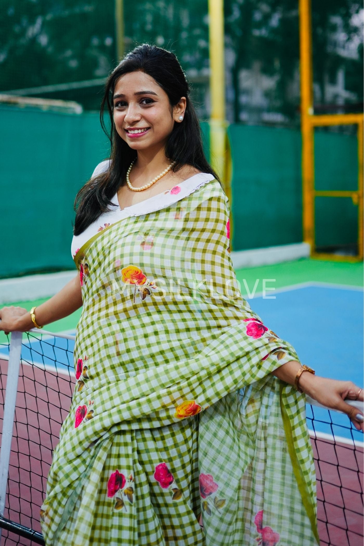 MySilkLove Apple Green Soft Linen Cotton Printed Saree