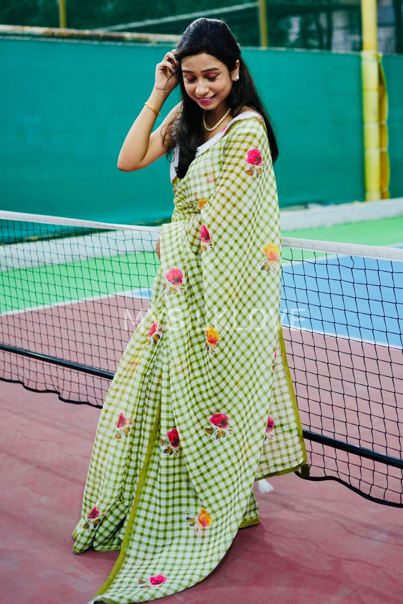 Buy MySilkLove Pista Green Soft Linen Cotton Printed Saree Without Blouse Online