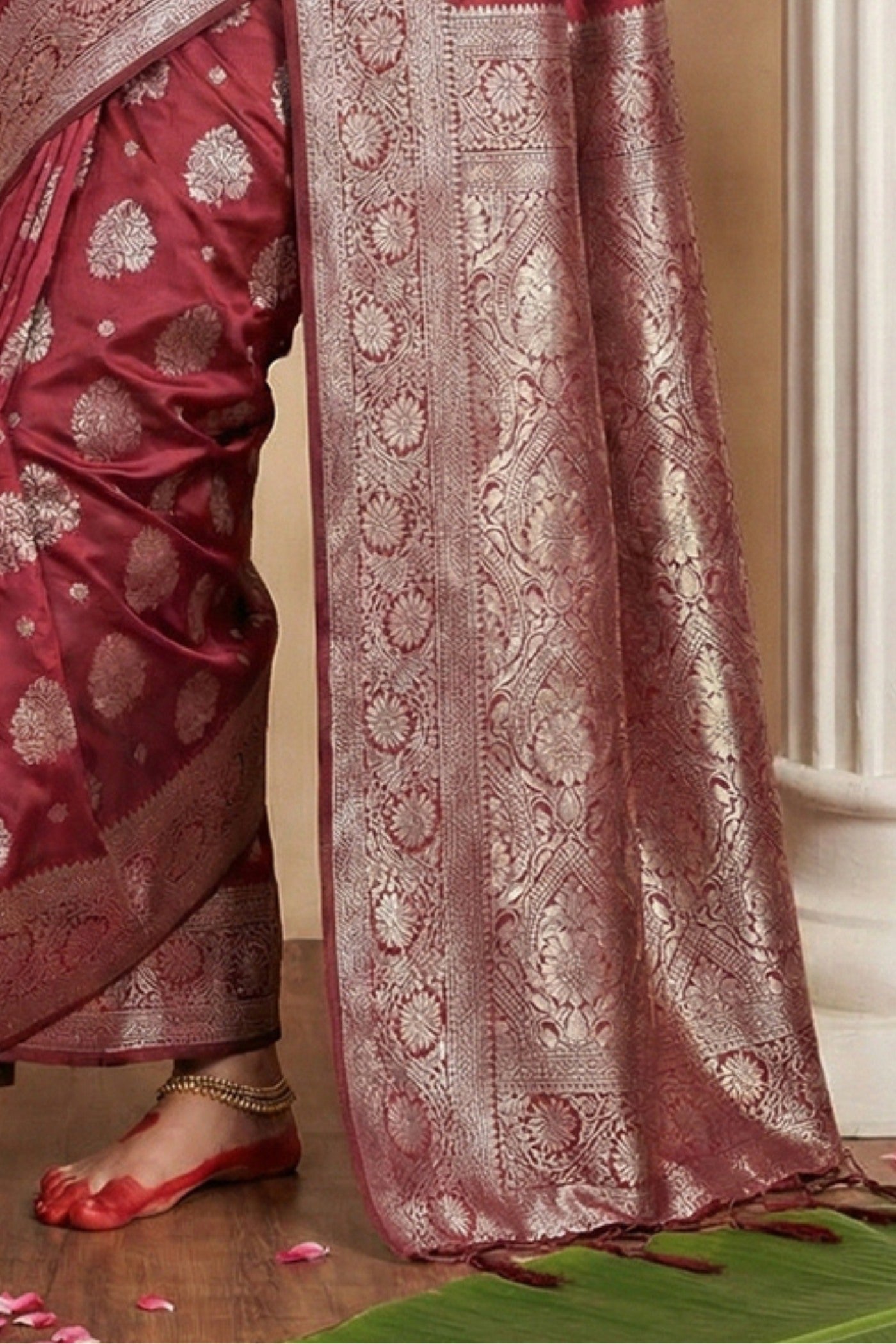 Buy MySilkLove Tan Maroon Banarasi Woven Silk Saree Online
