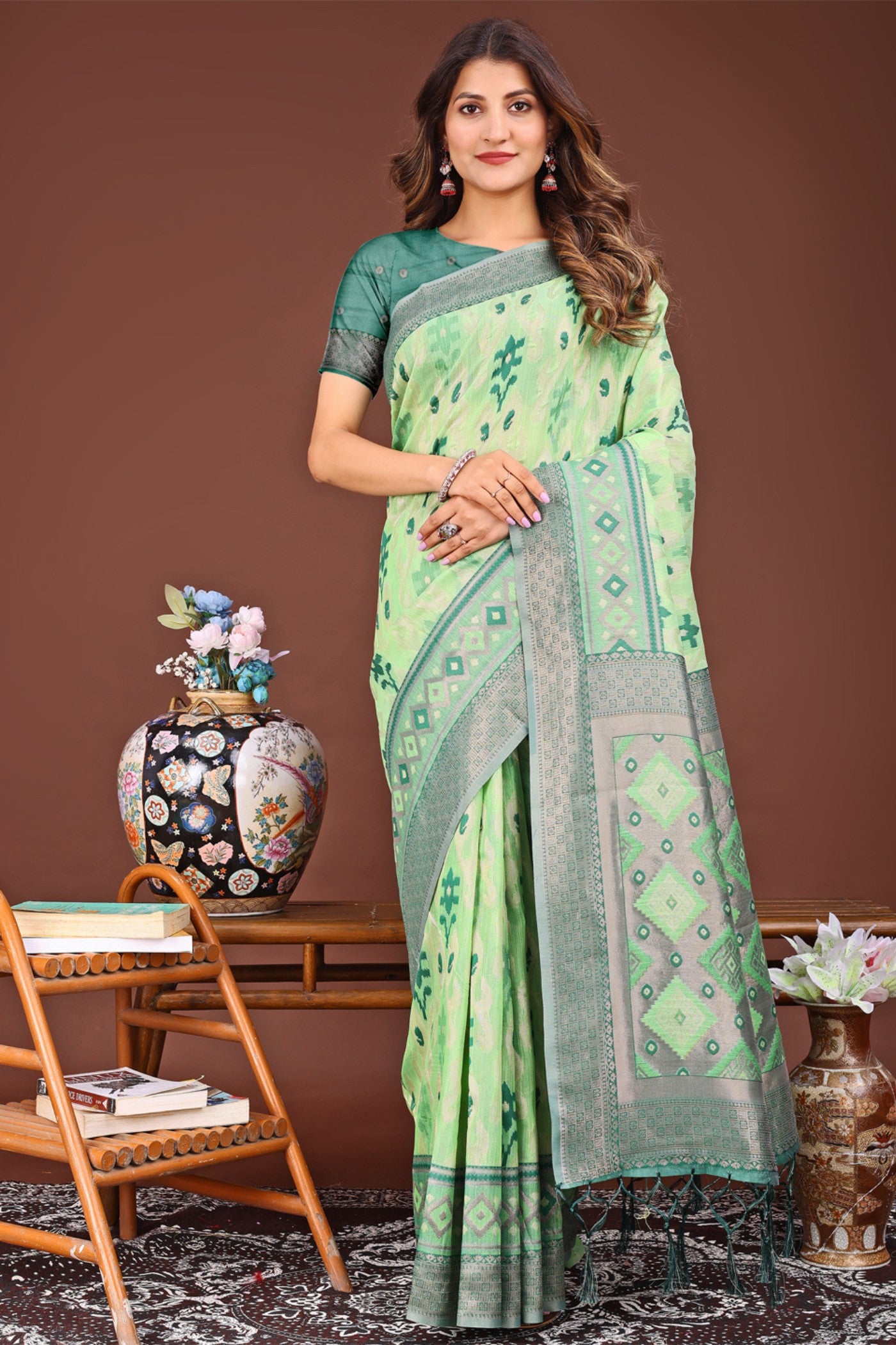Buy MySilkLove Warm Green Woven Linen Cotton Saree Online