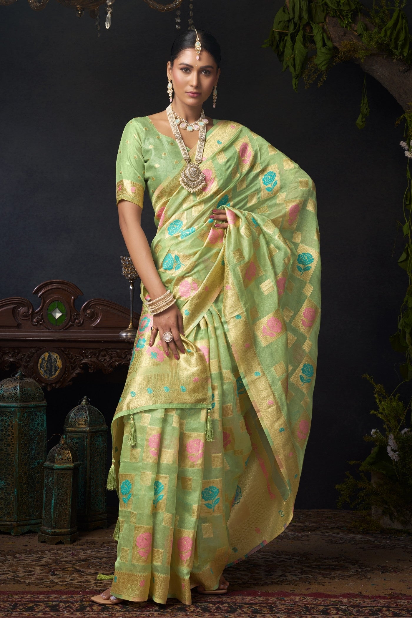 Buy MySilkLove Pista Green Woven Banarasi Organza Saree Online
