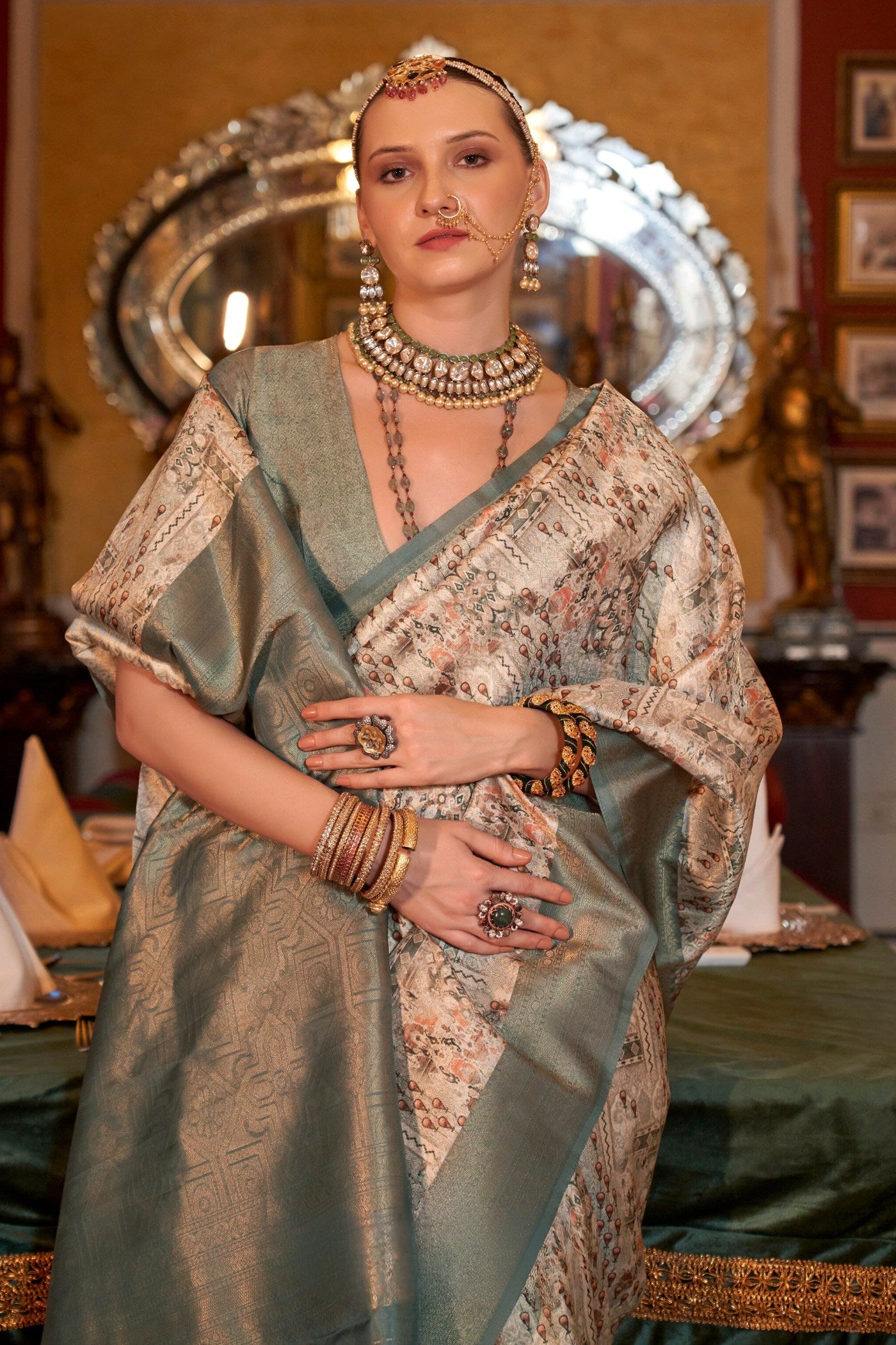 Buy MySilkLove Locust Cream and Grey Banarasi Digital Printed Saree Online