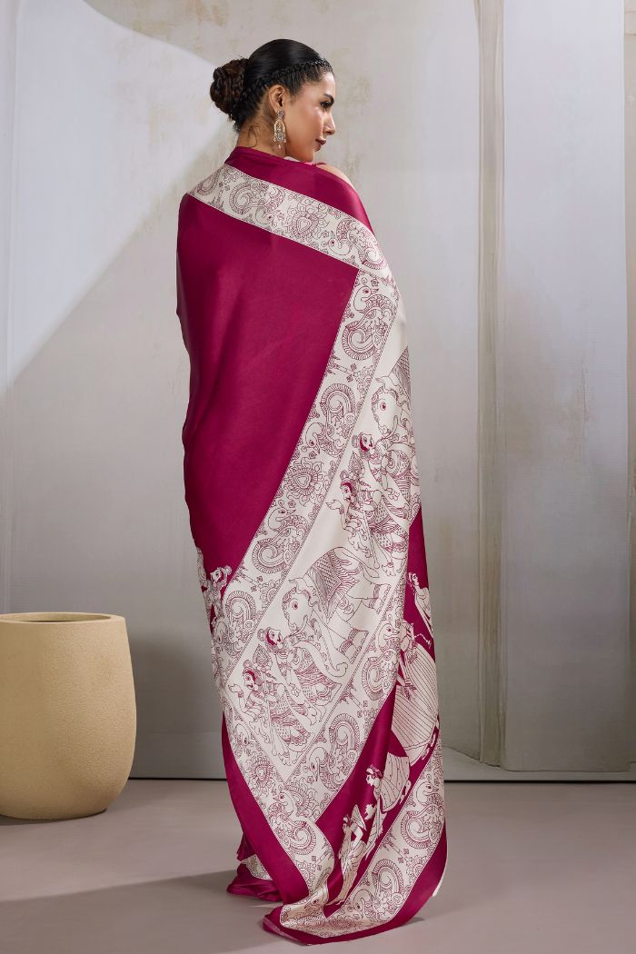 Buy MySilkLove Cherry Maroon Modal Ajrakh Printed Satin Silk Saree Online