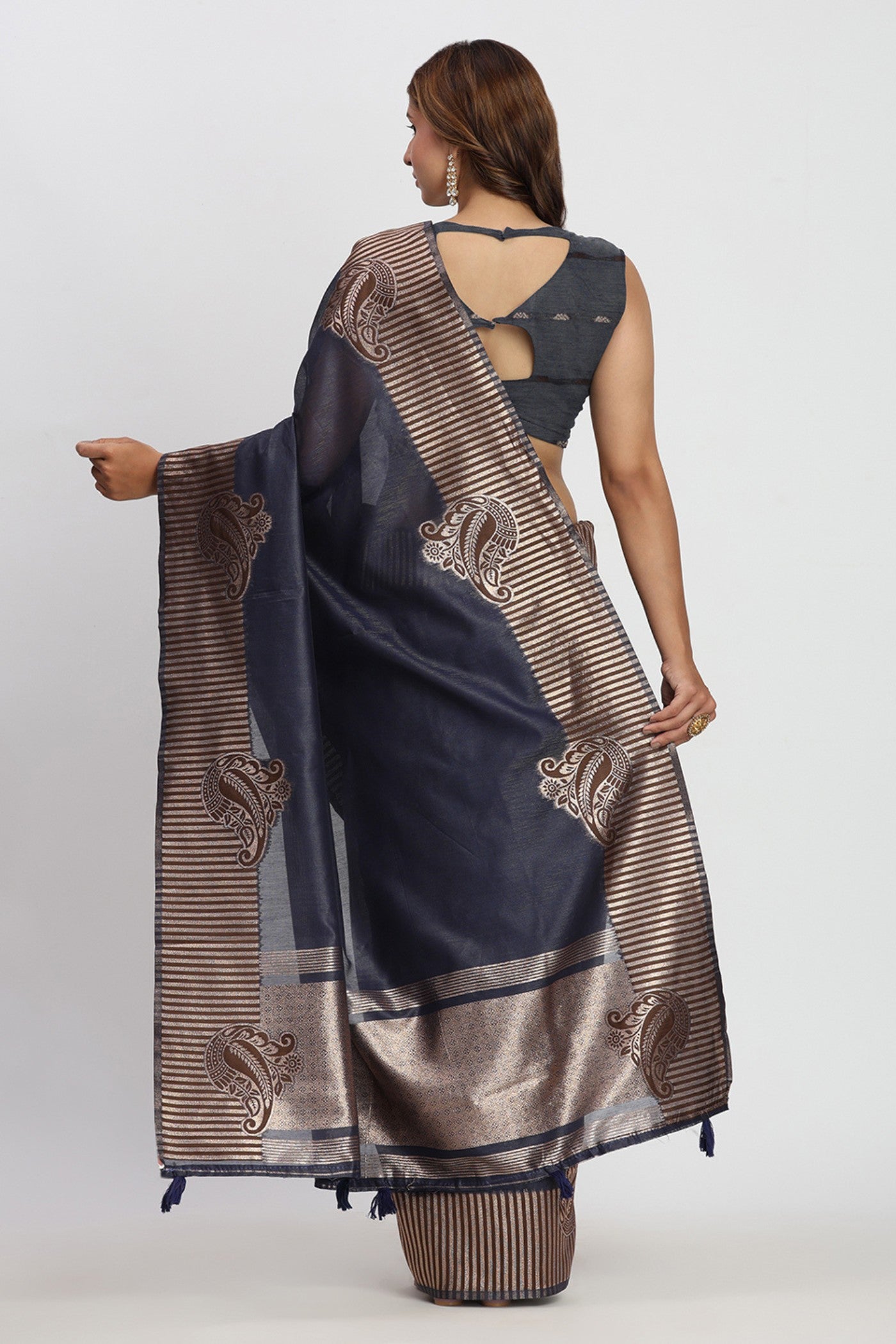 Buy MySilkLove Navy Blue Woven Linen Cotton Saree Online