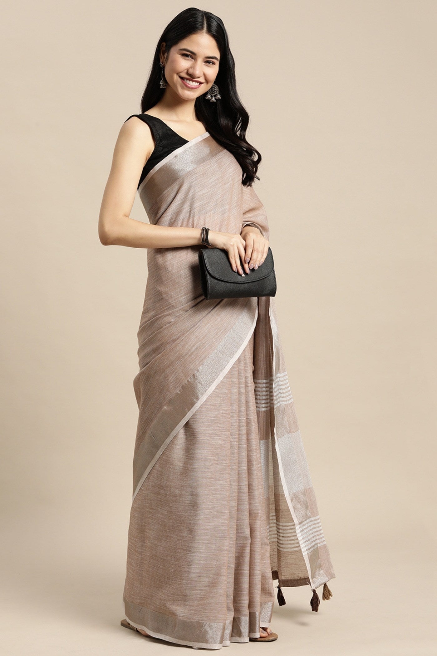 Buy MySilkLove Tortilla Brown Woven Linen Cotton Saree Online