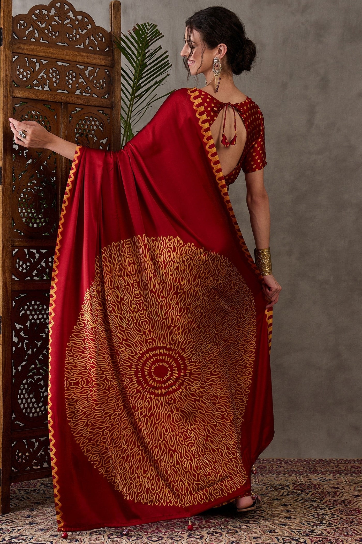 Buy MySilkLove Fire Red Printed Satin Gaji Silk Saree Online