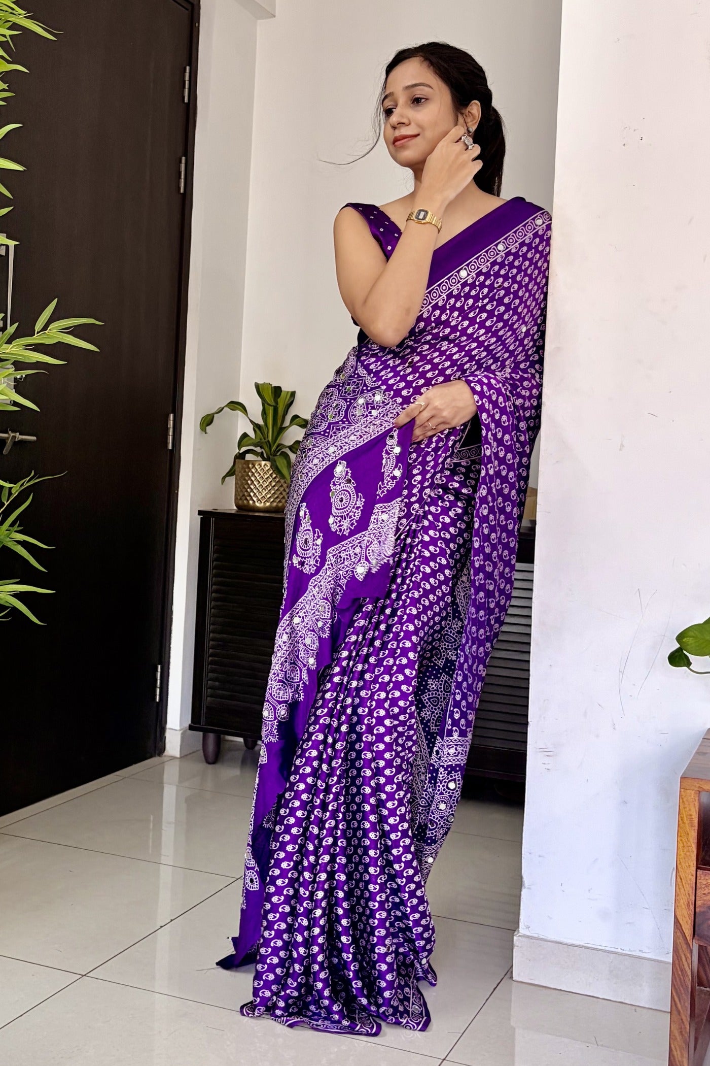 Buy MySilkLove True Purple Modal Ajrakh Satin Printed Mirror Work Saree Online