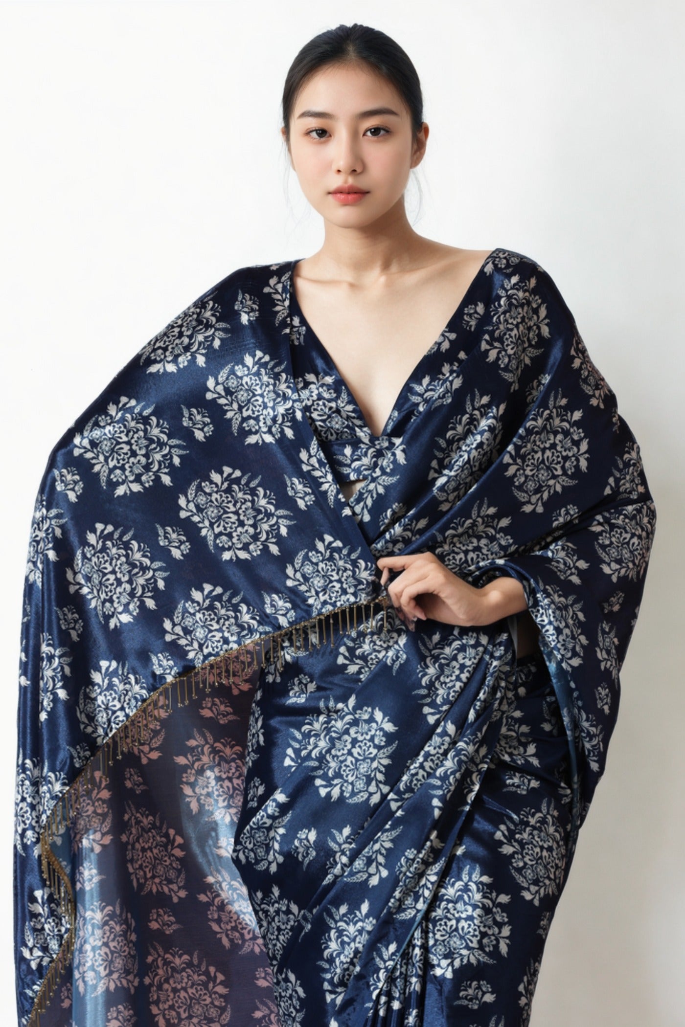 Buy MySilkLove Mulled Blue Chinon Digital Printed Ready To Wear Saree Online