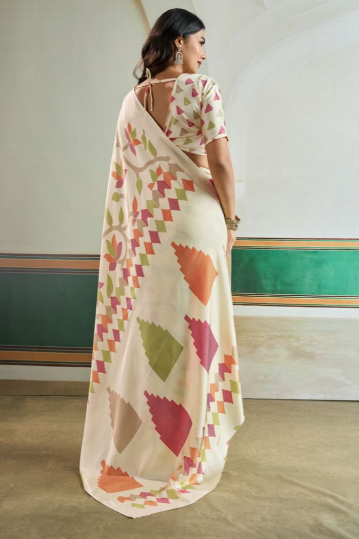 Buy MySilkLove Beige Modal Ajrakh Printed Satin Silk Saree Online