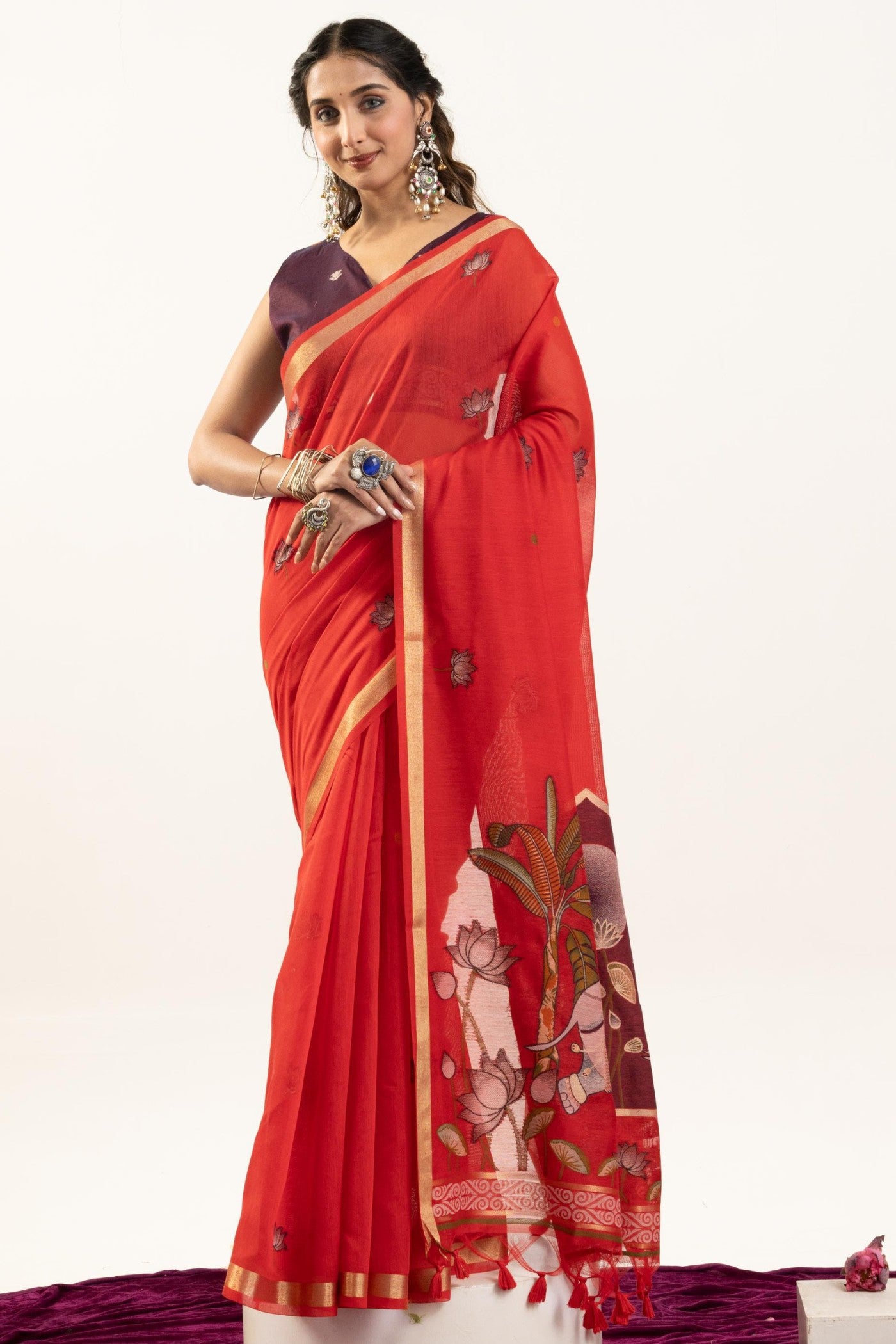 Buy MySilkLove Vermilion Glow Red Woven Soft Muga Cotton Saree Online