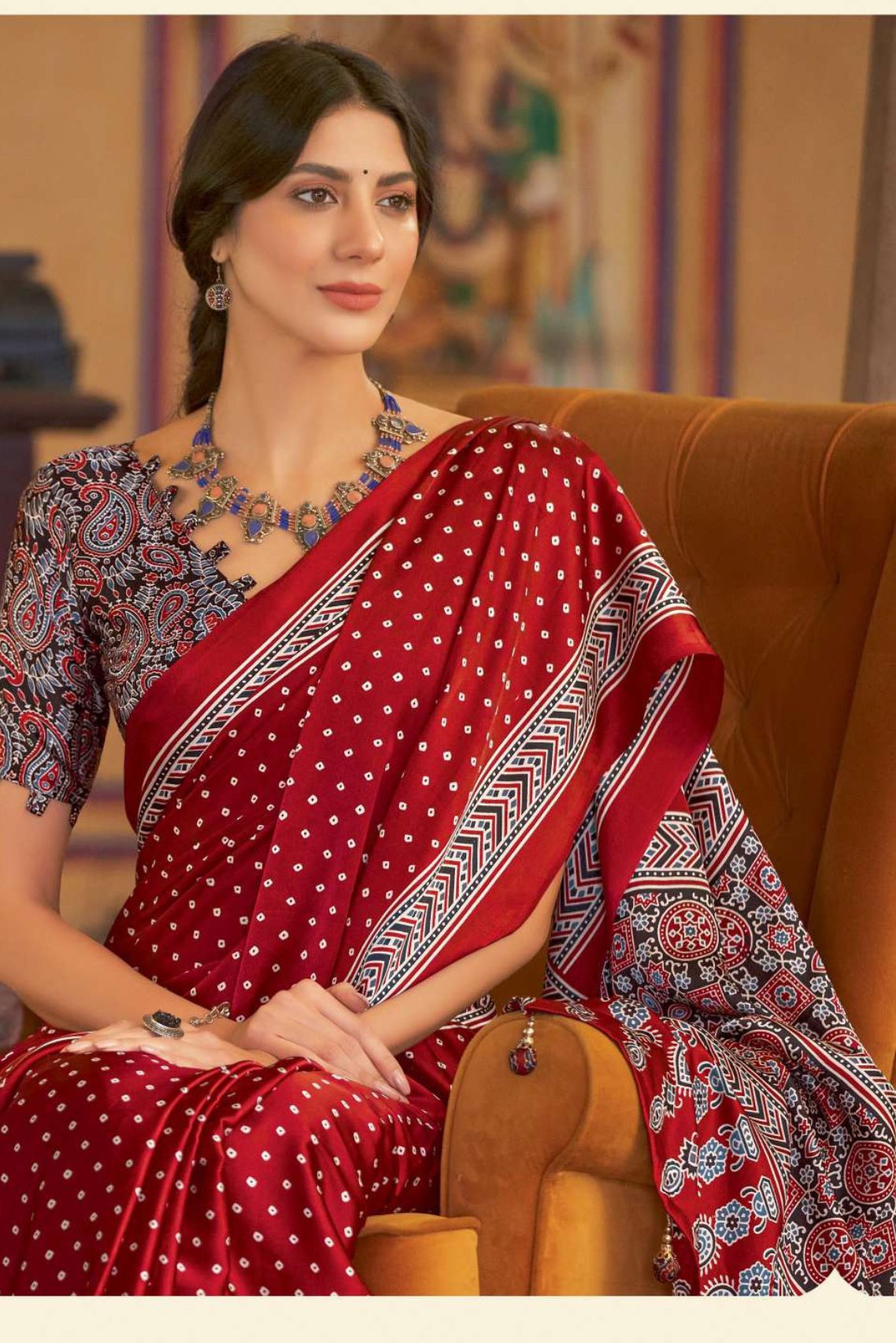 Buy MySilkLove Medium Carmine Red and Maroon Ajrakh Printed Satin Crepe Saree Online