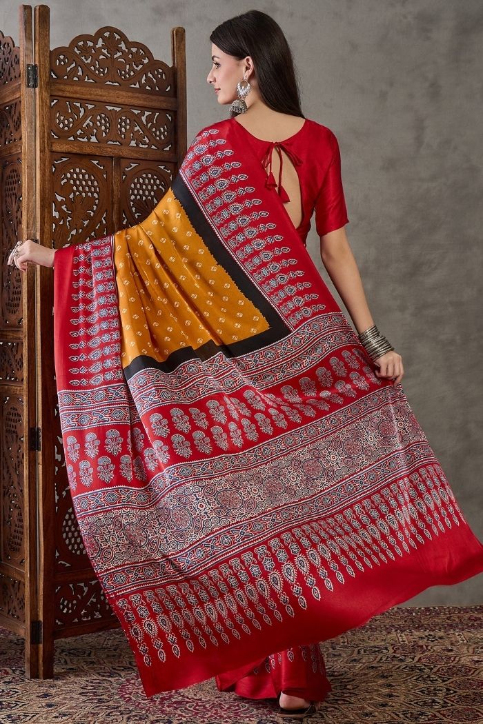 Buy MySilkLove Sunset Yellow and Red Ajrakh Printed Satin Gaji Silk Saree Online
