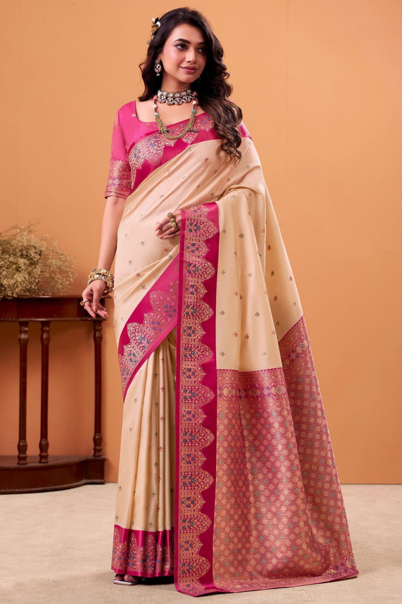 Buy MySilkLove Almond Cream Woven Satin Soft Silk Saree Online
