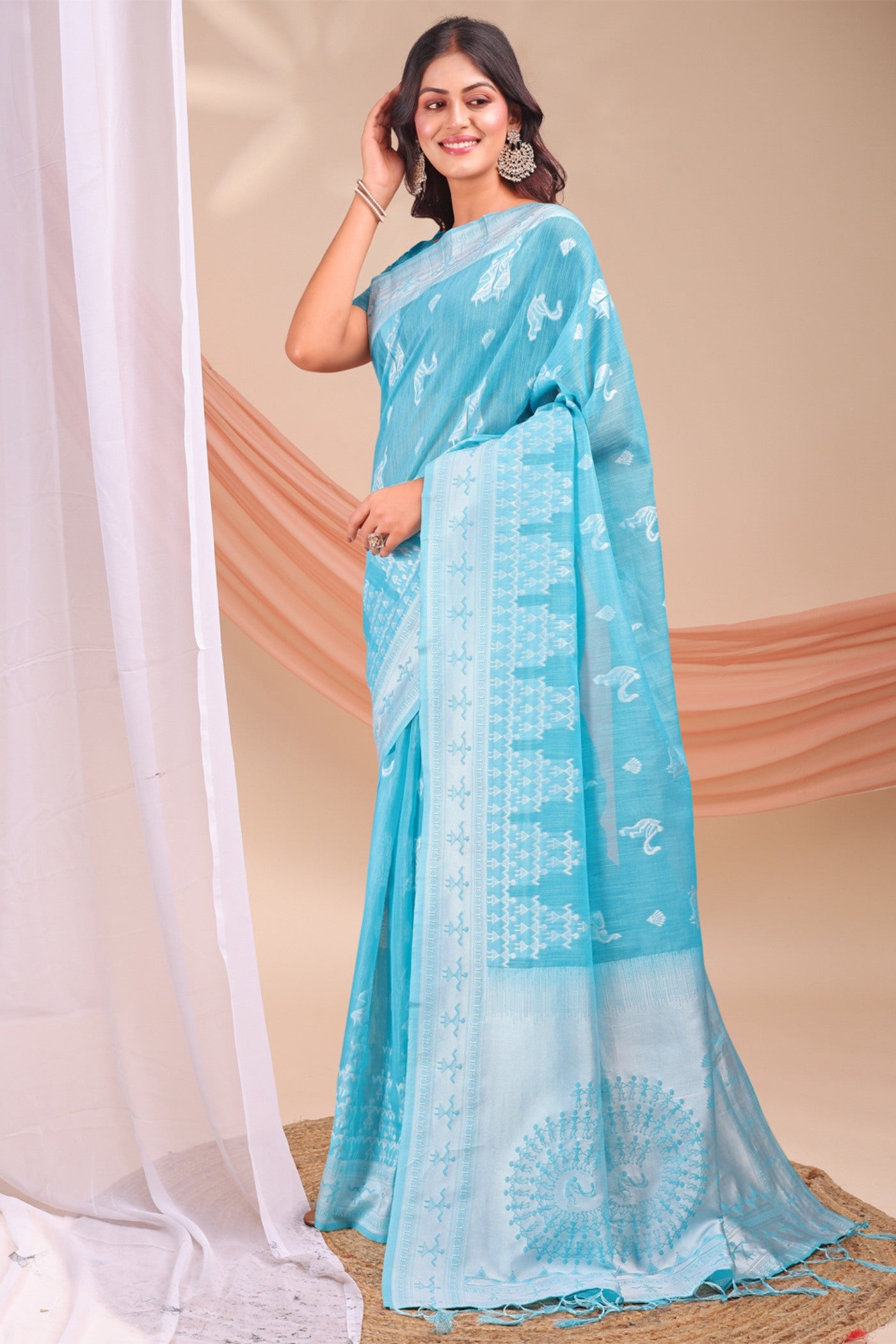 Buy MySilkLove Water Blue Woven Linen Cotton Saree Online