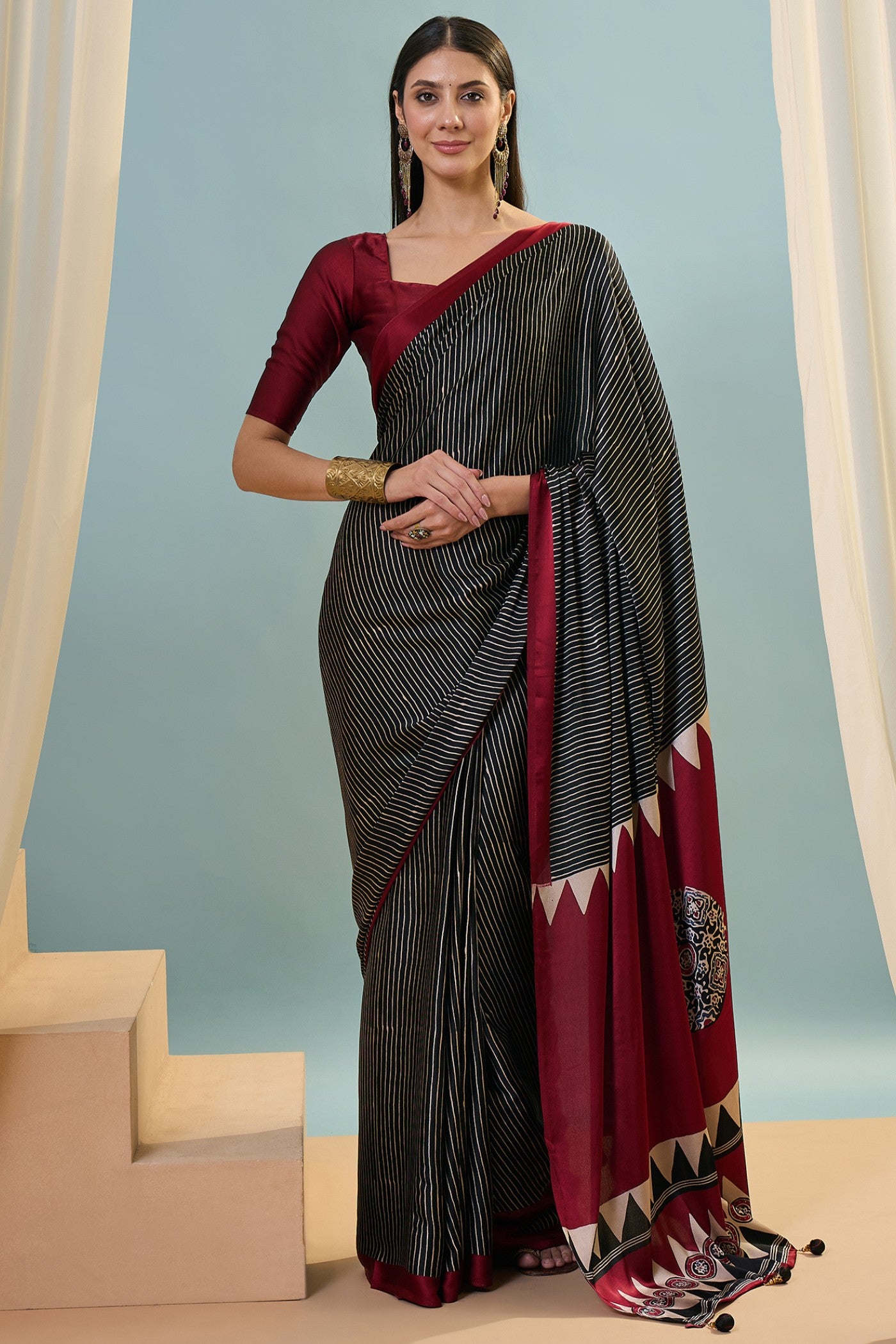 Buy MySilkLove Black Olive Ajrakh Printed Satin Crepe Silk Saree Online
