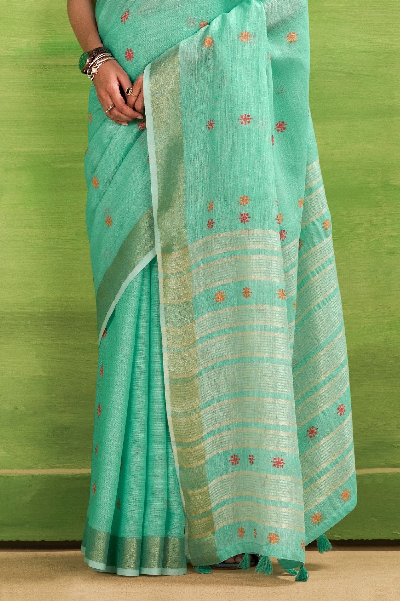Buy MySilkLove Bright Green Woven Linen Saree Online