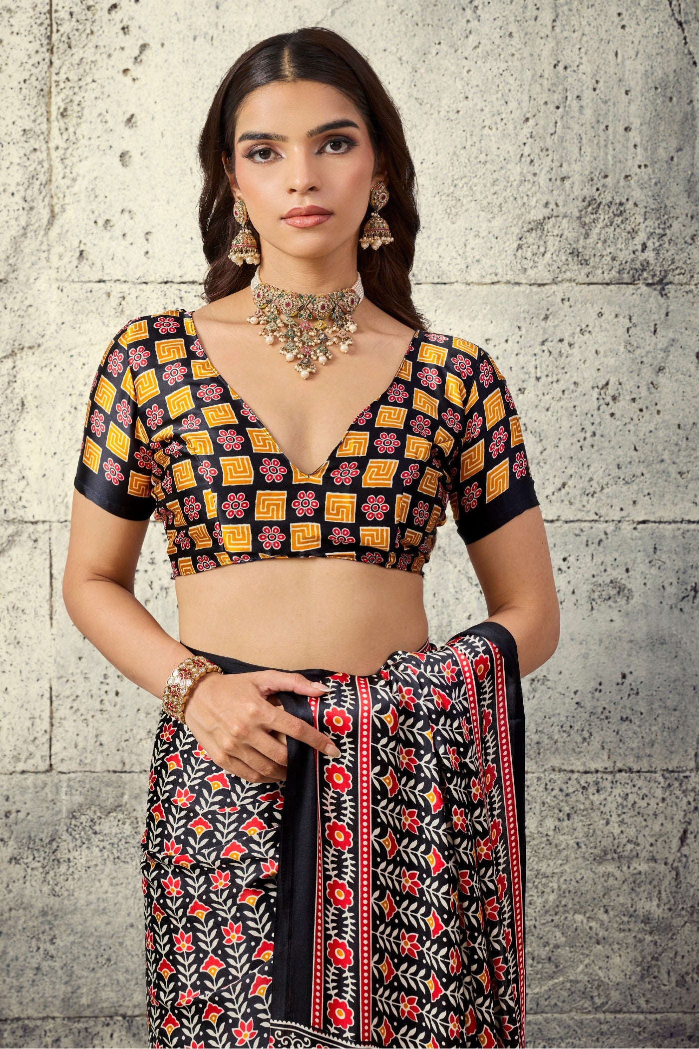 Buy MySilkLove Black Bean Modal Ajrakh Satin Printed Silk Saree Online