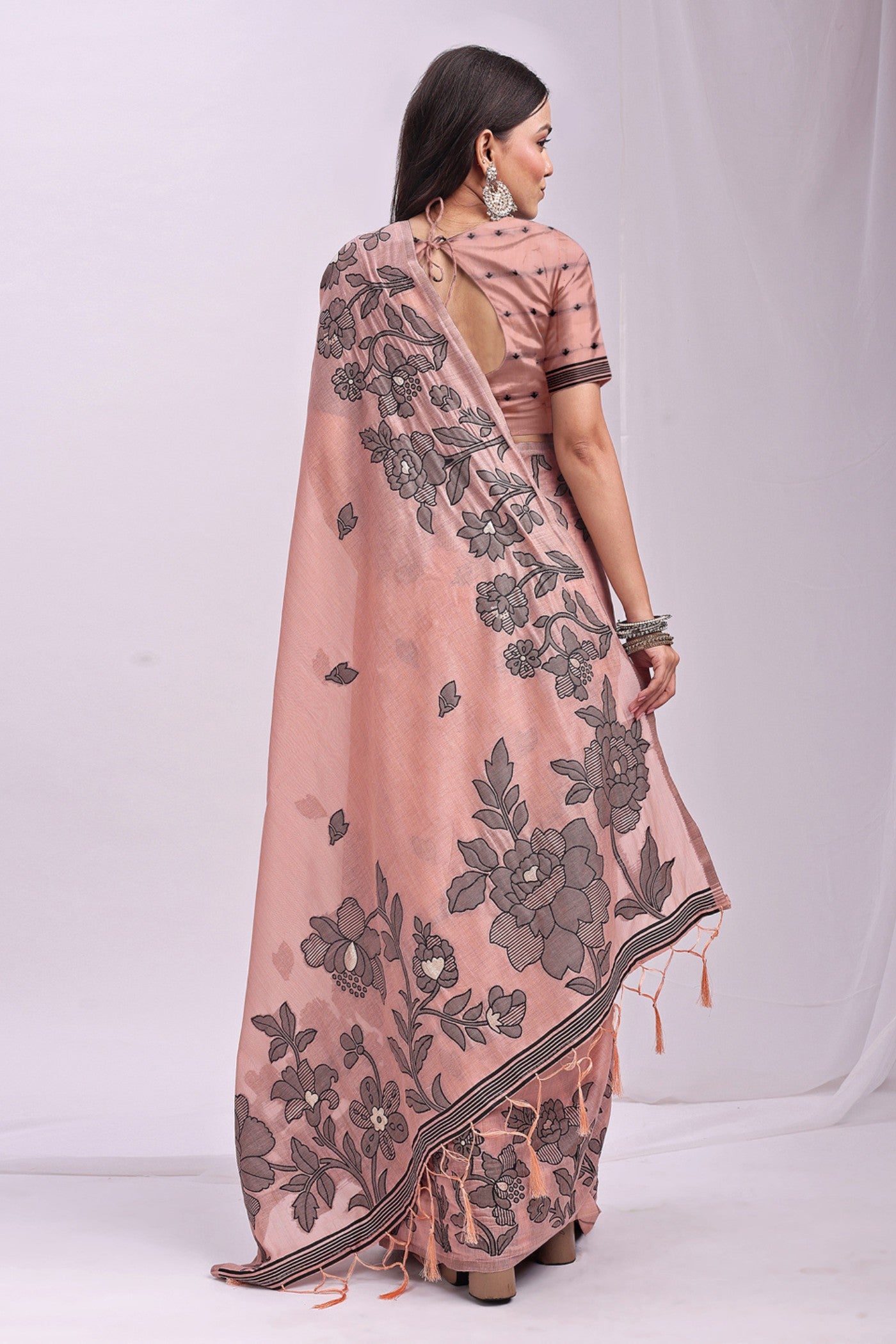 Buy MySilkLove Pum Peach Woven Linen Cotton Saree Online