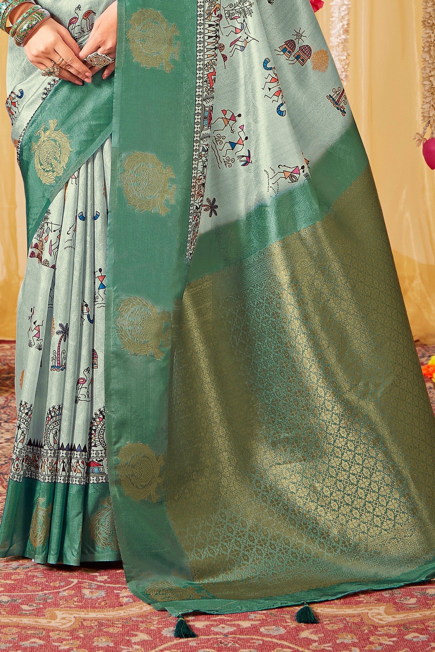 Buy MySilkLove Mist Green Kalamkari Printed Saree Online