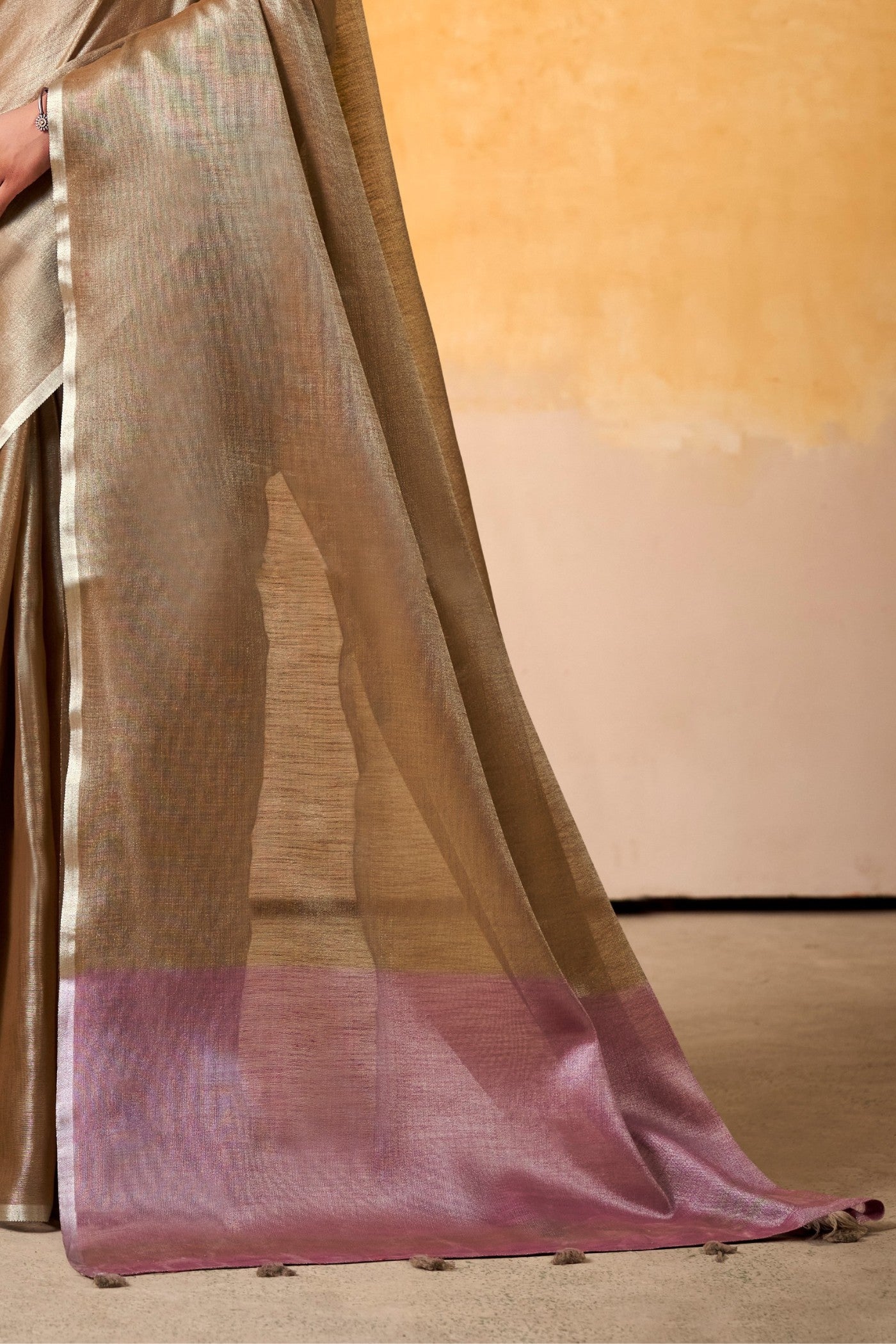 Buy MySilkLove Fawn Brown and Pink Woven Tissue Silk Saree Online