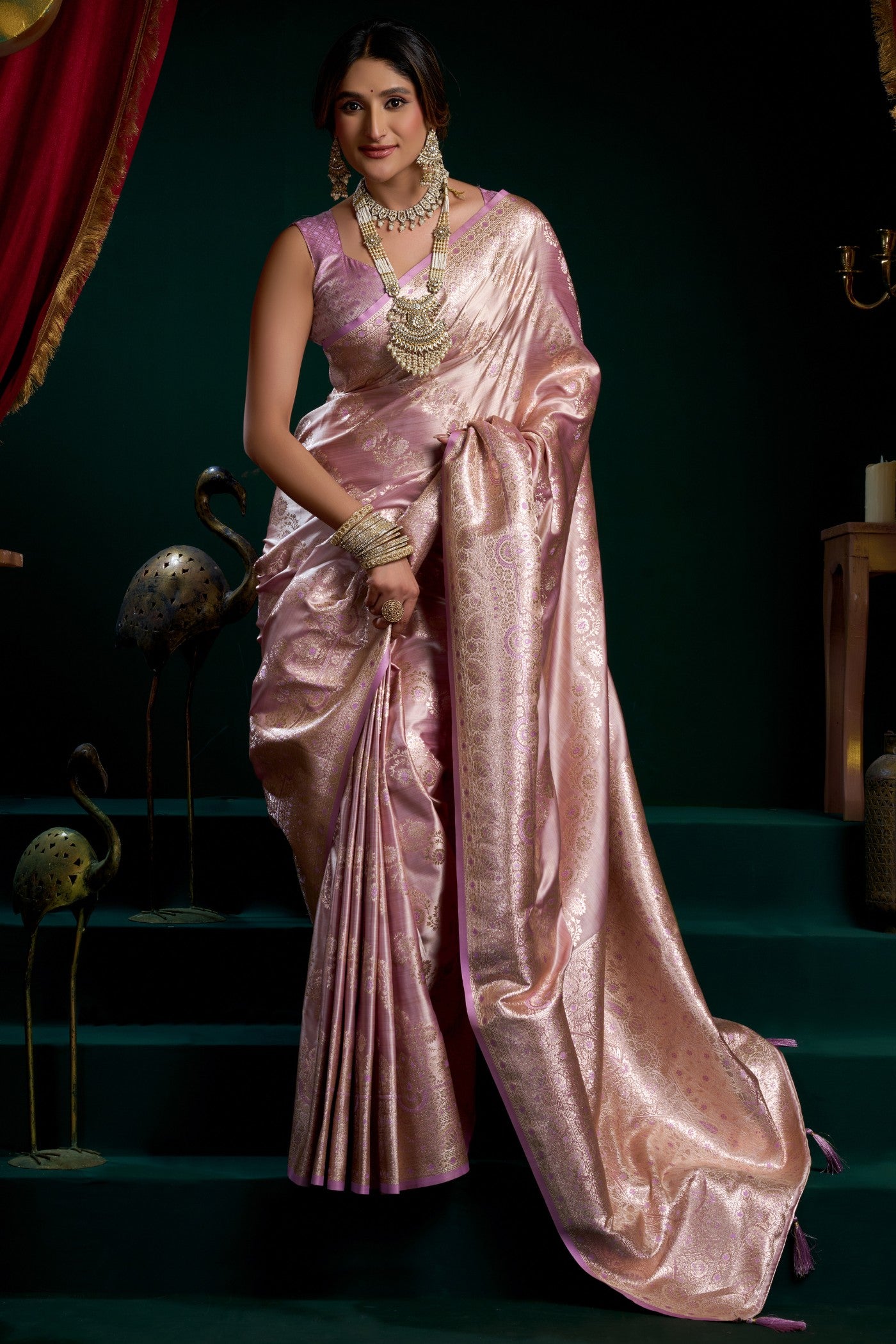 Buy MySilkLove Cameo Pink Banarasi Handloom Satin Soft Silk Saree Online