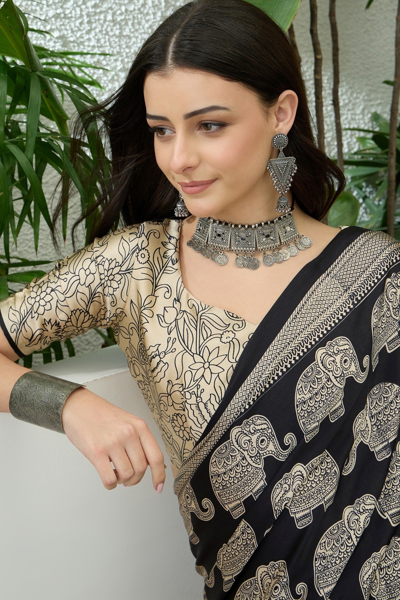 Buy MySilkLove Raisin Black Ajrakh Printed Satin Crepe Silk Saree Online