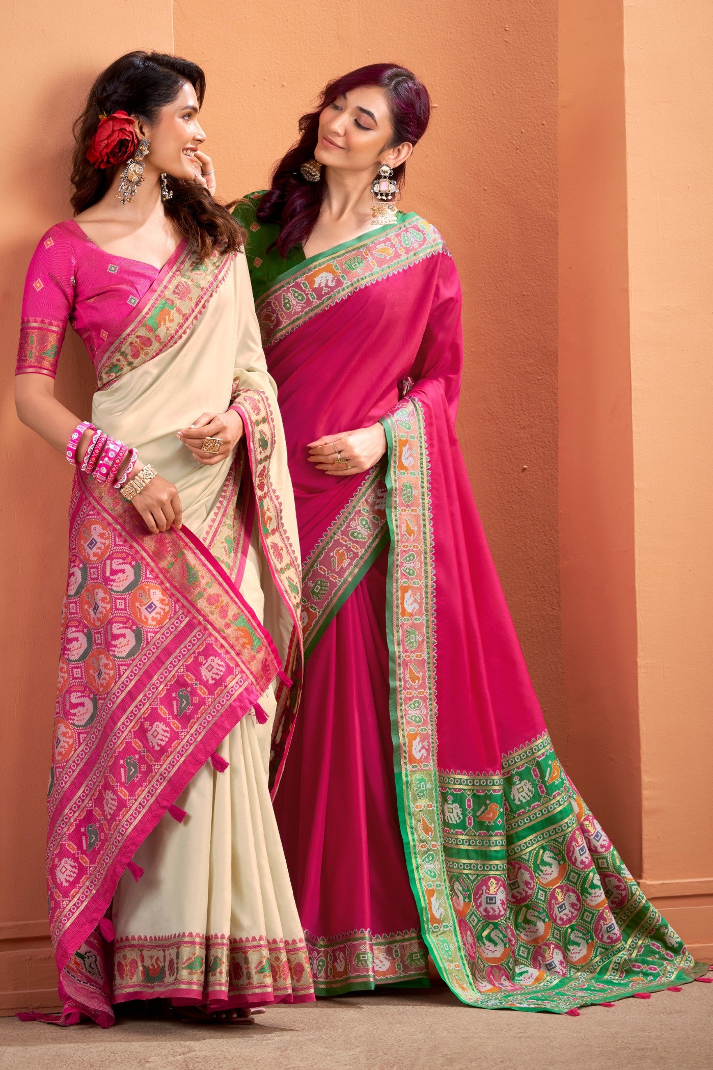 Buy MySilkLove Chiffon Cream Woven Banarasi Patola Silk Saree Online