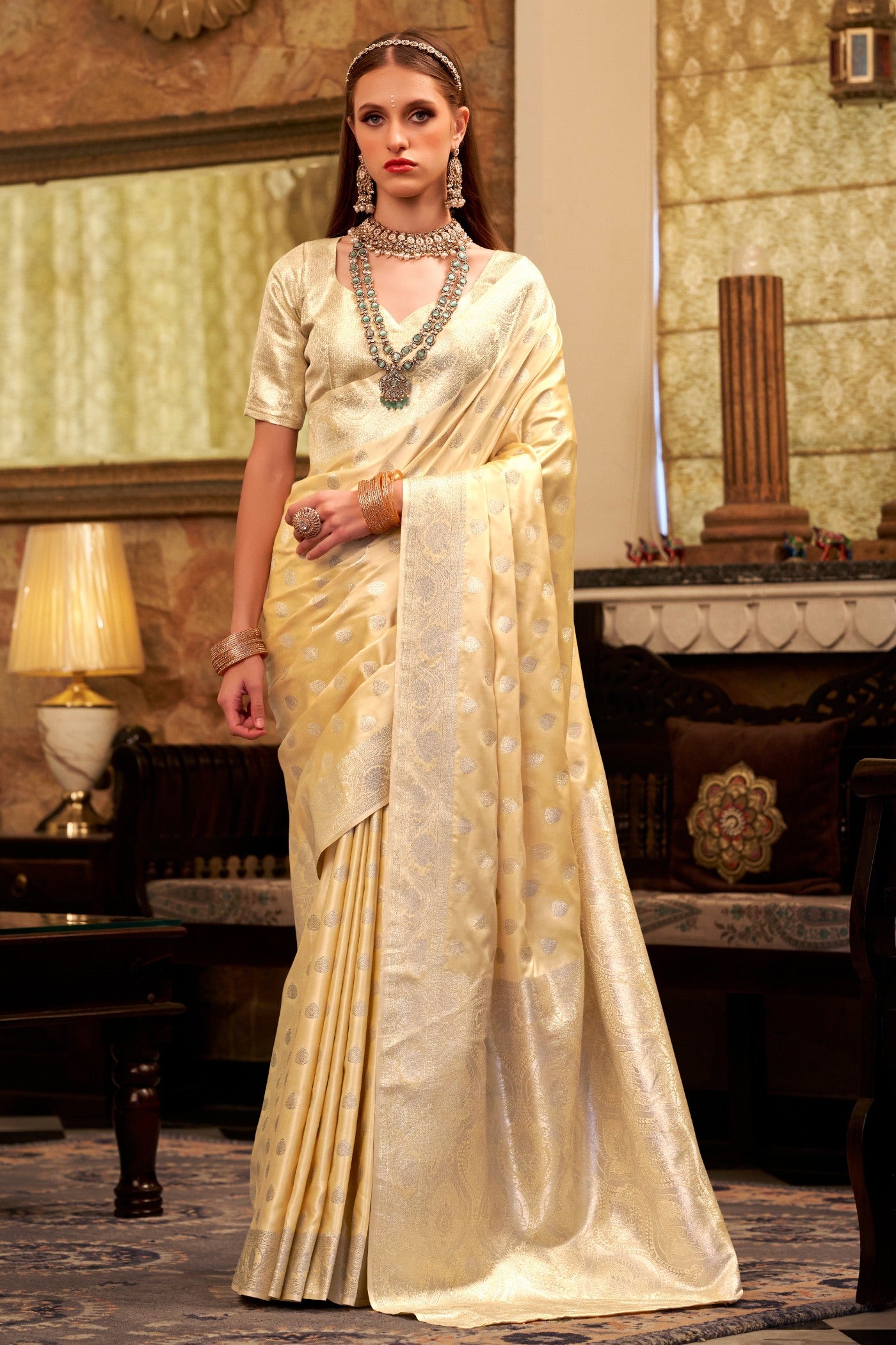 Buy Gold Woven Banarasi Satin Soft Silk Saree Online MySilkLove