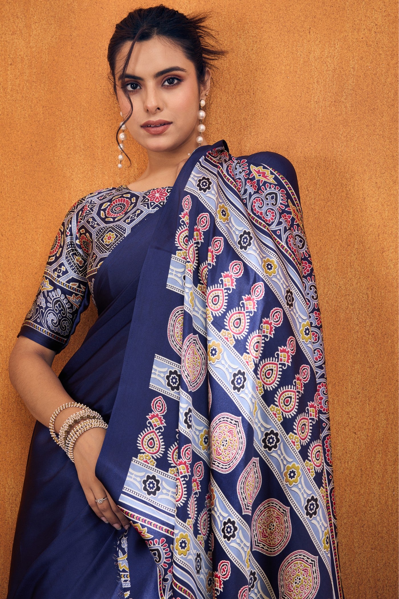 Buy MySilkLove Bluebells Ajrakh Printed Satin Crepe Silk Saree Online