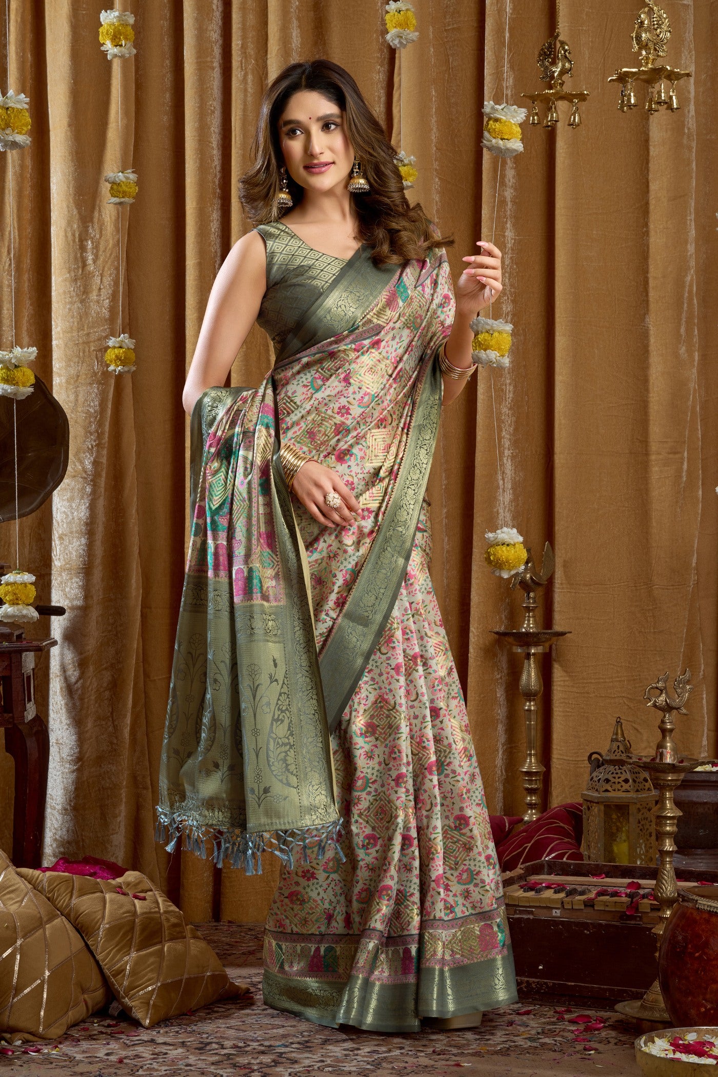 Buy MySilkLove Porcelain Cream and Green Digital Printed Banarasi Saree Online